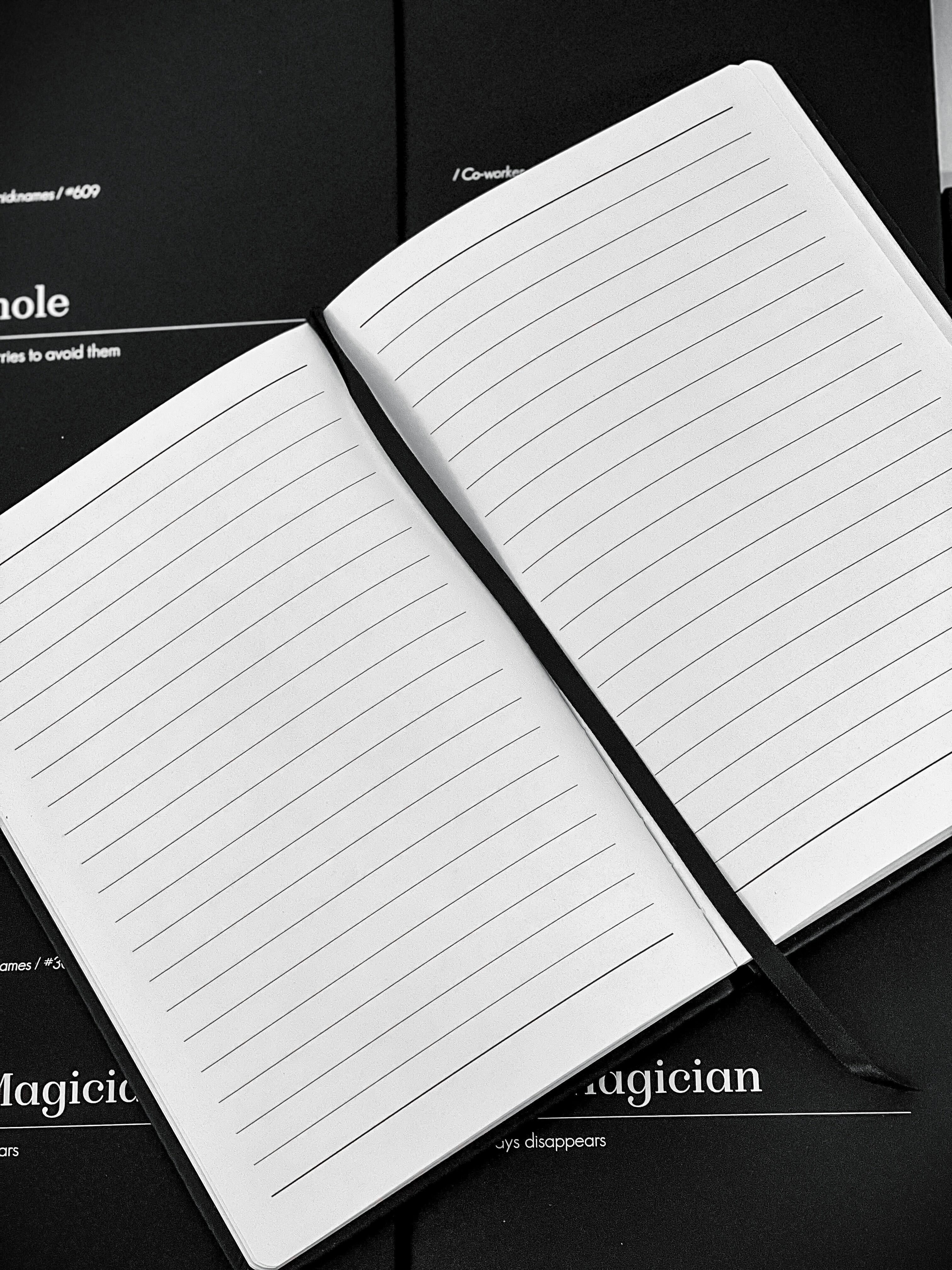 lined pages of an a5 black notebook