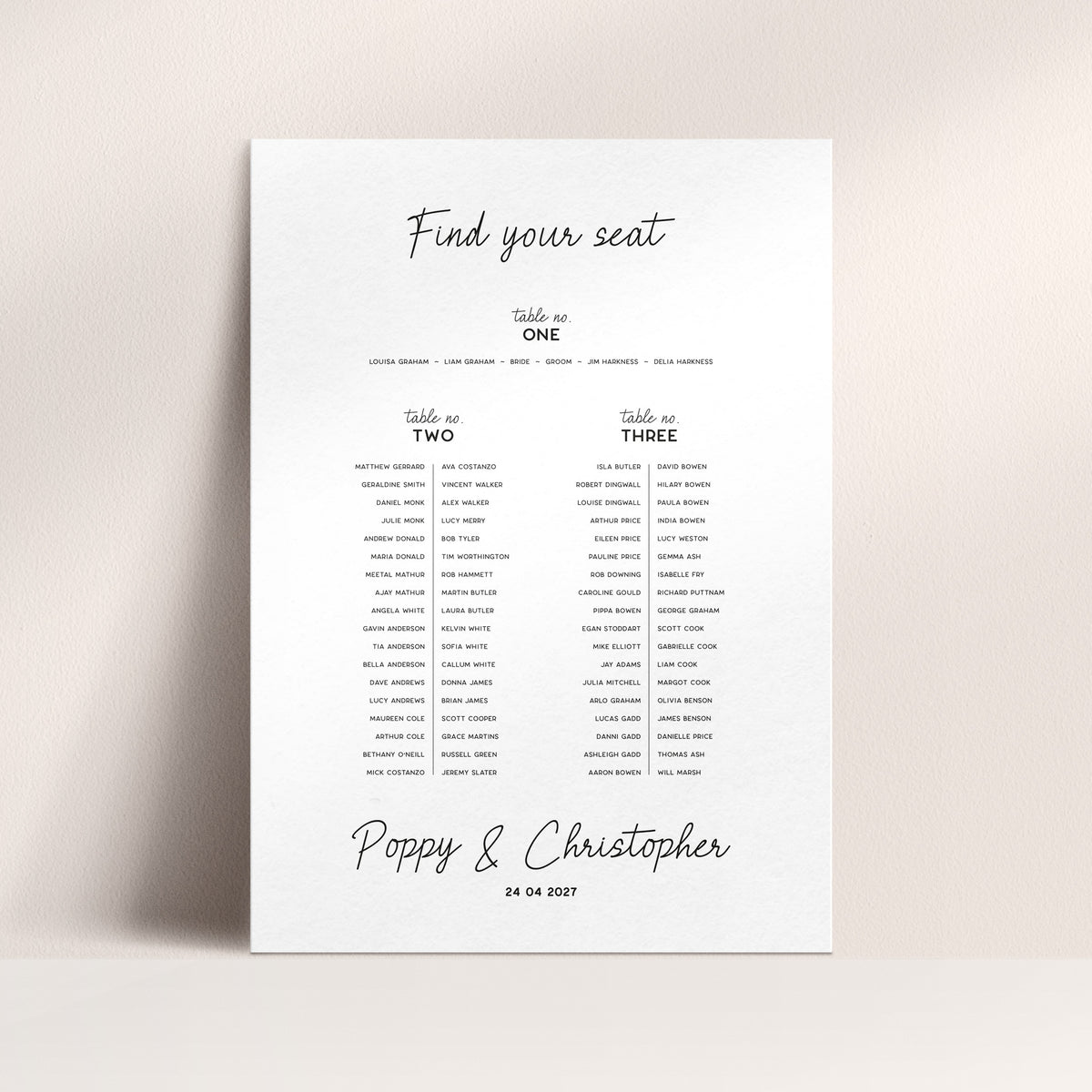 A wedding seating chart printout titled 'Find your seat' with tables for Table 1, Table 2, and Table 3, plus the names 'Poppy & Christopher' and the date '24.04.
