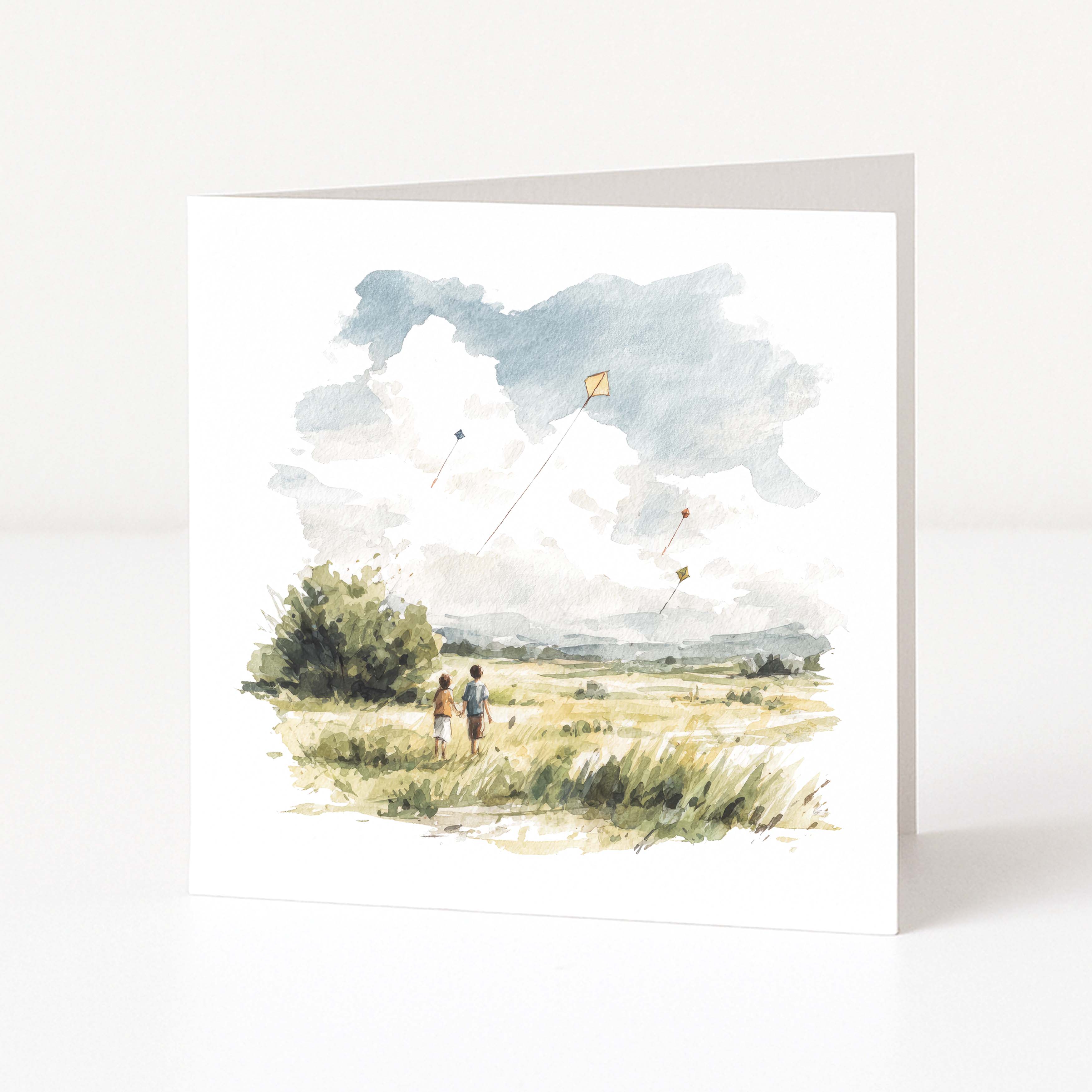 Art print of two people flying a kite in a field with a blue sky.