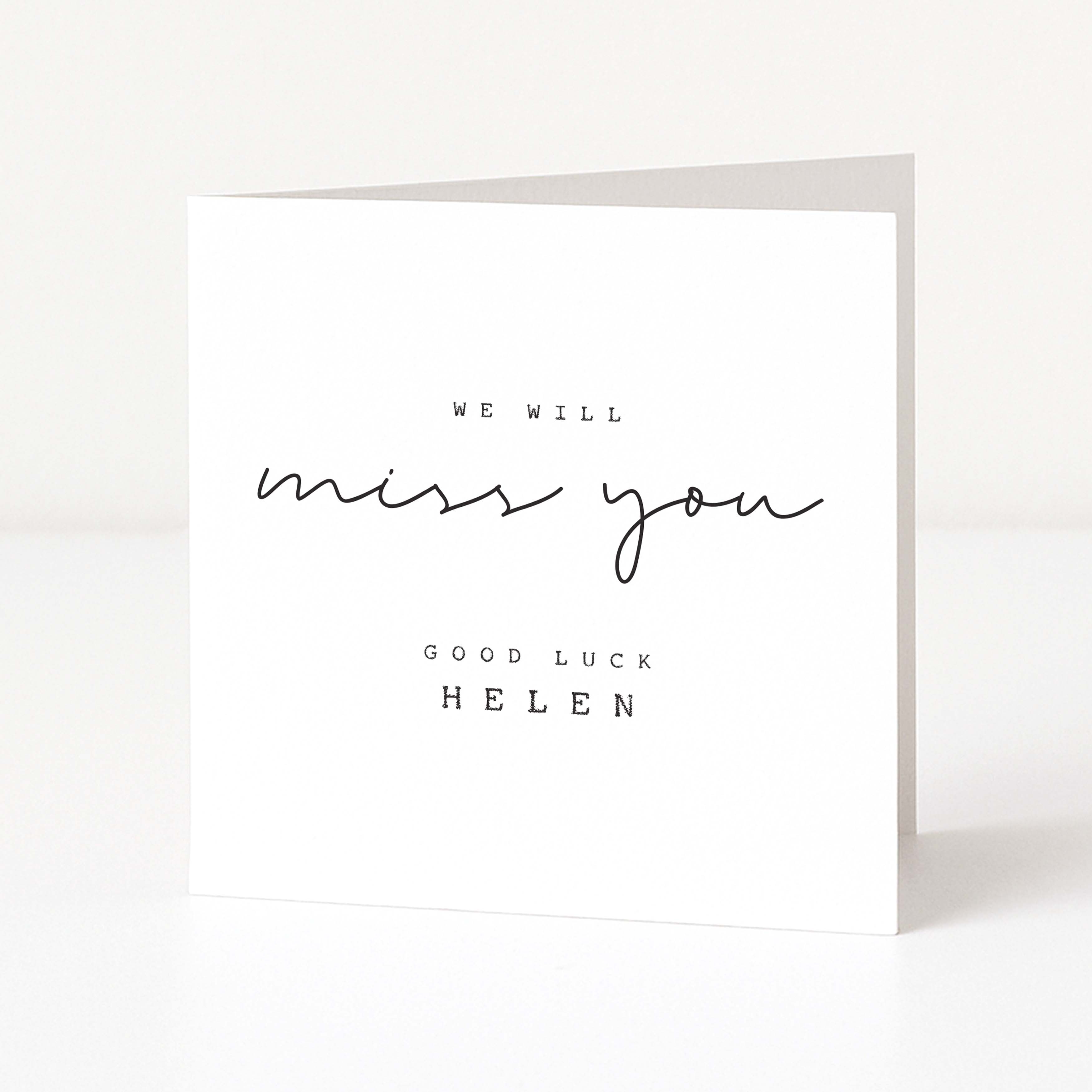 Greeting card with 'We will miss you' and 'Good luck Helen' text on a white background