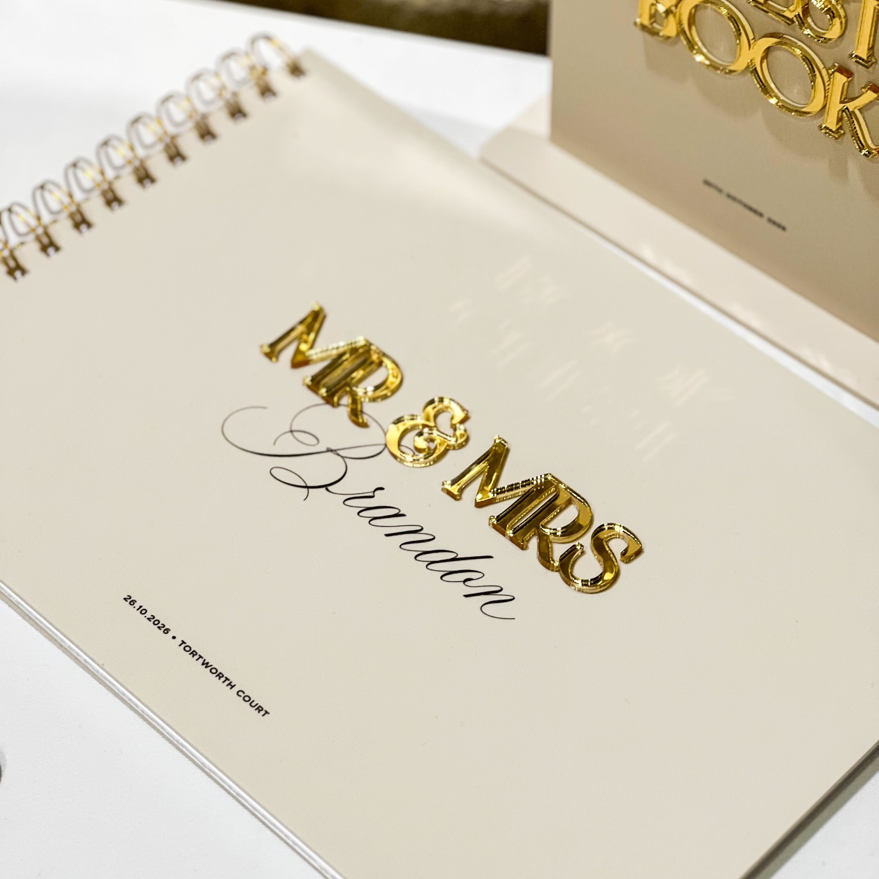 Champagne Guest Book made from acrylic with 3d lettering in gold