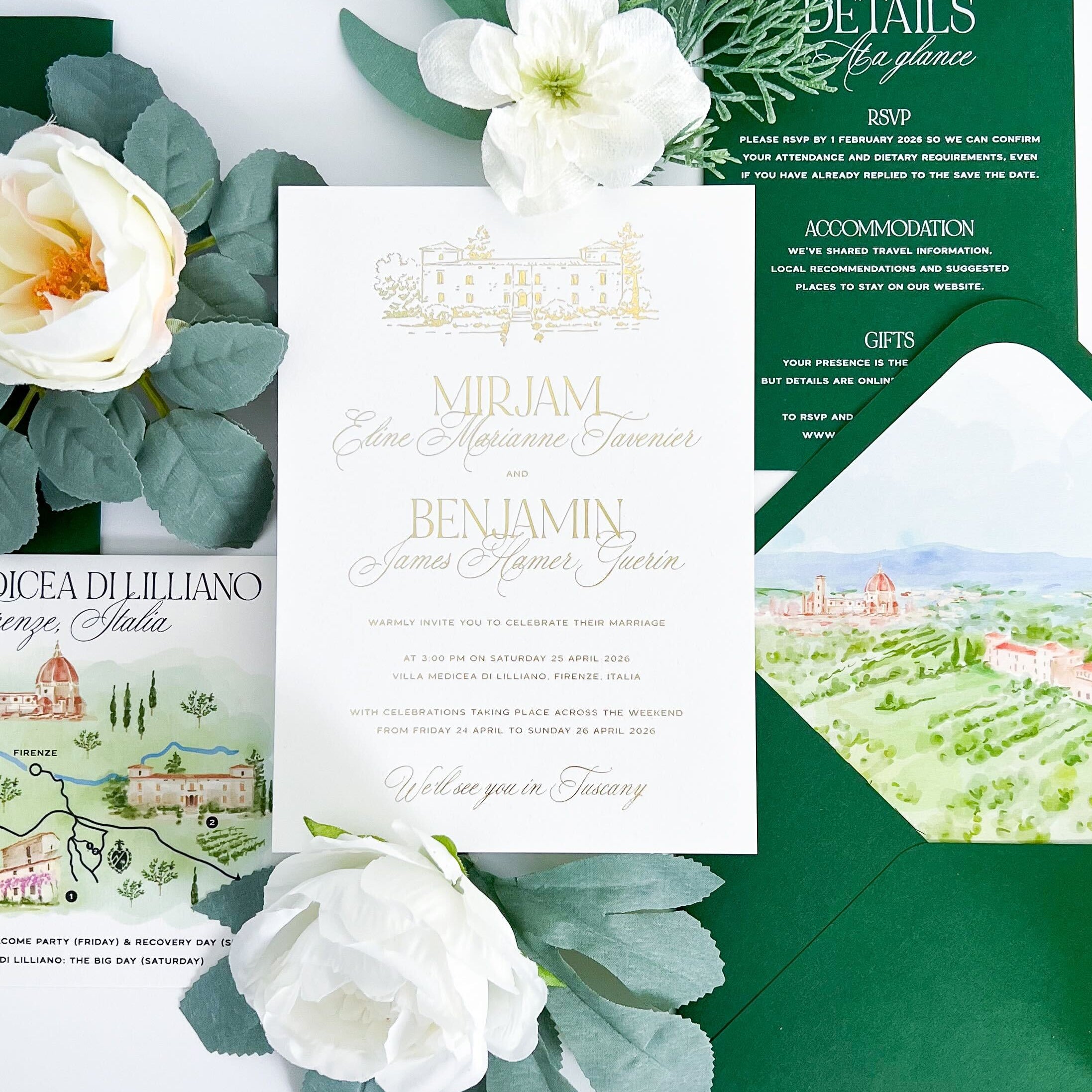 Golf foiled wedding invitations, with green accessories, custom map with flowers.