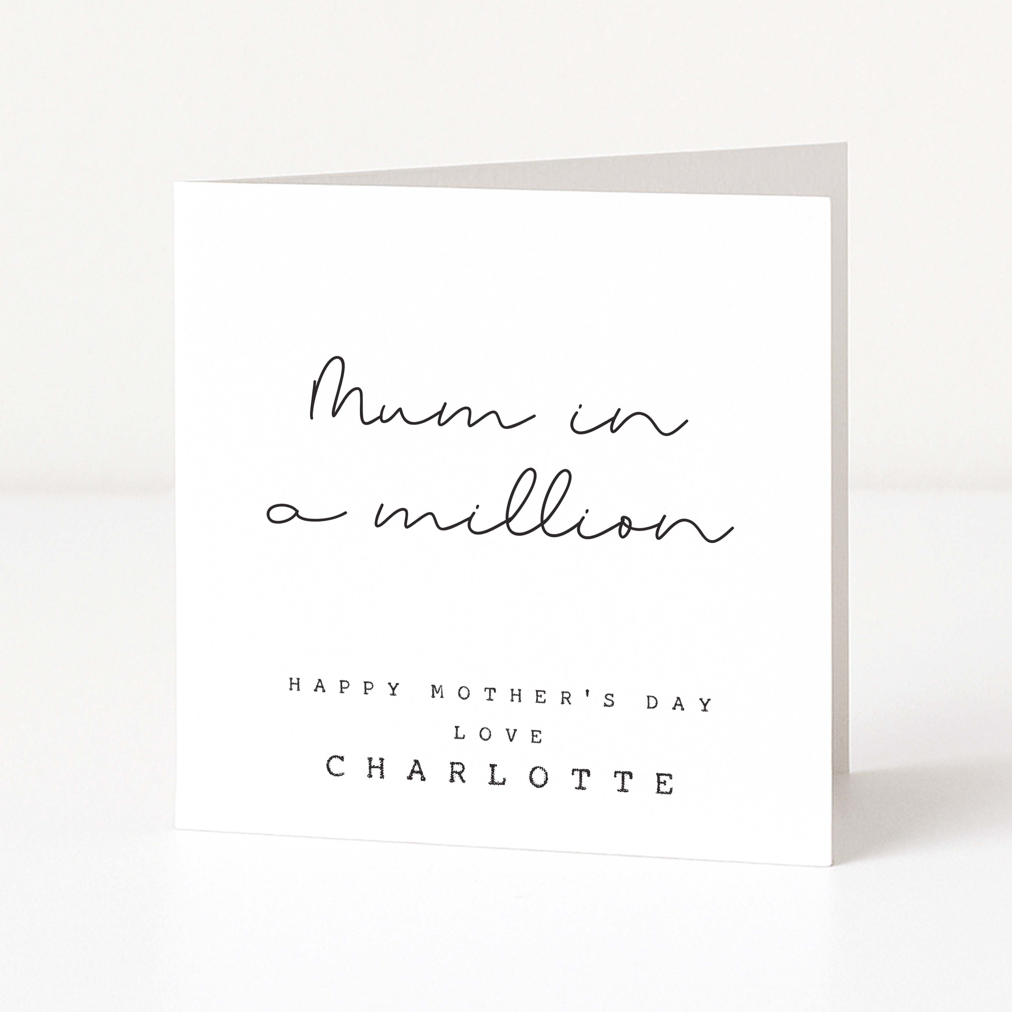 Personalised Mother's Day Card including "Mum in a Million" text on a white background