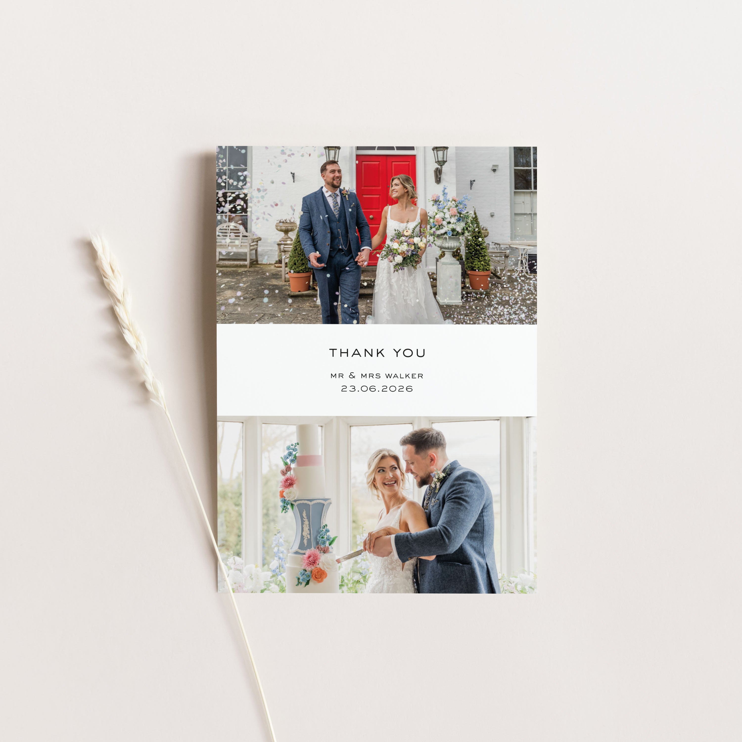 Wedding thank you card with images of a couple and text on a white background