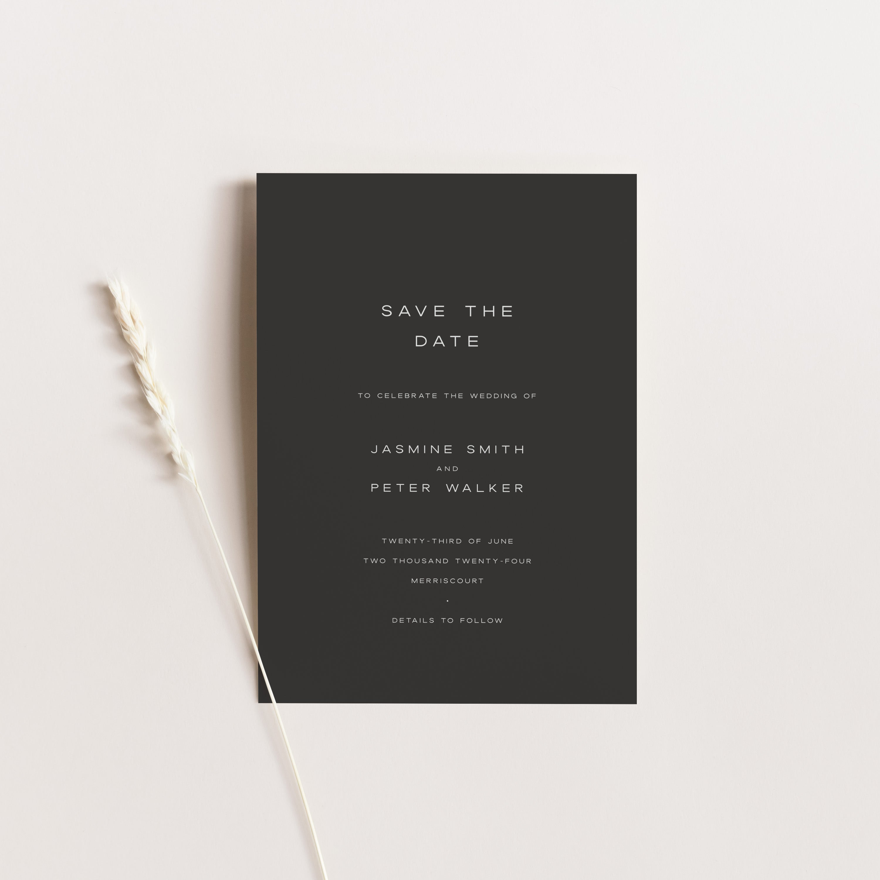 Modern Bold Save the Date Card in Ebony Black with White Ink - Mayfair Collection, Elle Bee Design