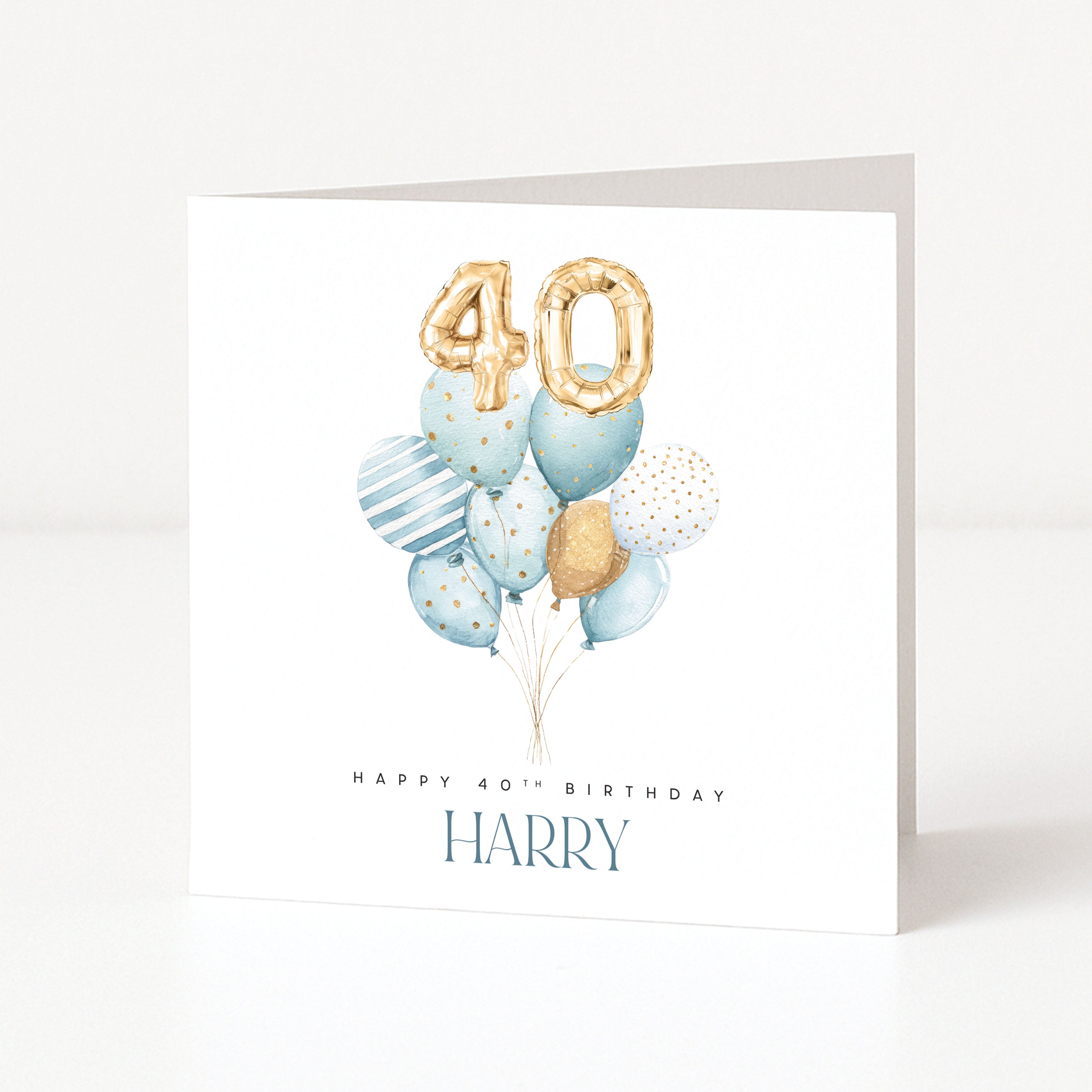 Personalised square 40th birthday card for him featuring a central blue and gold watercolour balloon cluster topped with gold foil balloon digits forty, and customisable front name text.