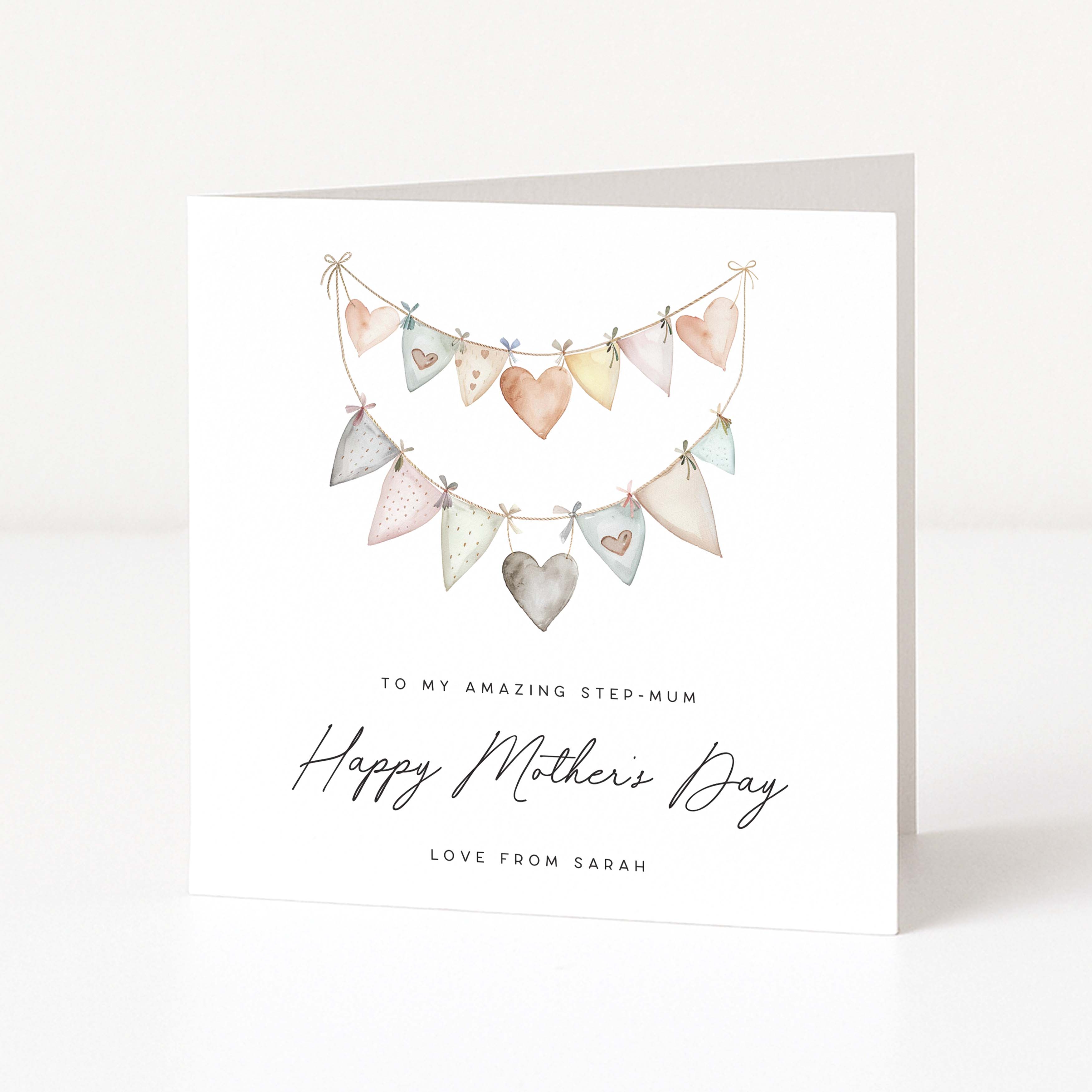 Greeting card with heart-shaped bunting and personalized text on a white background