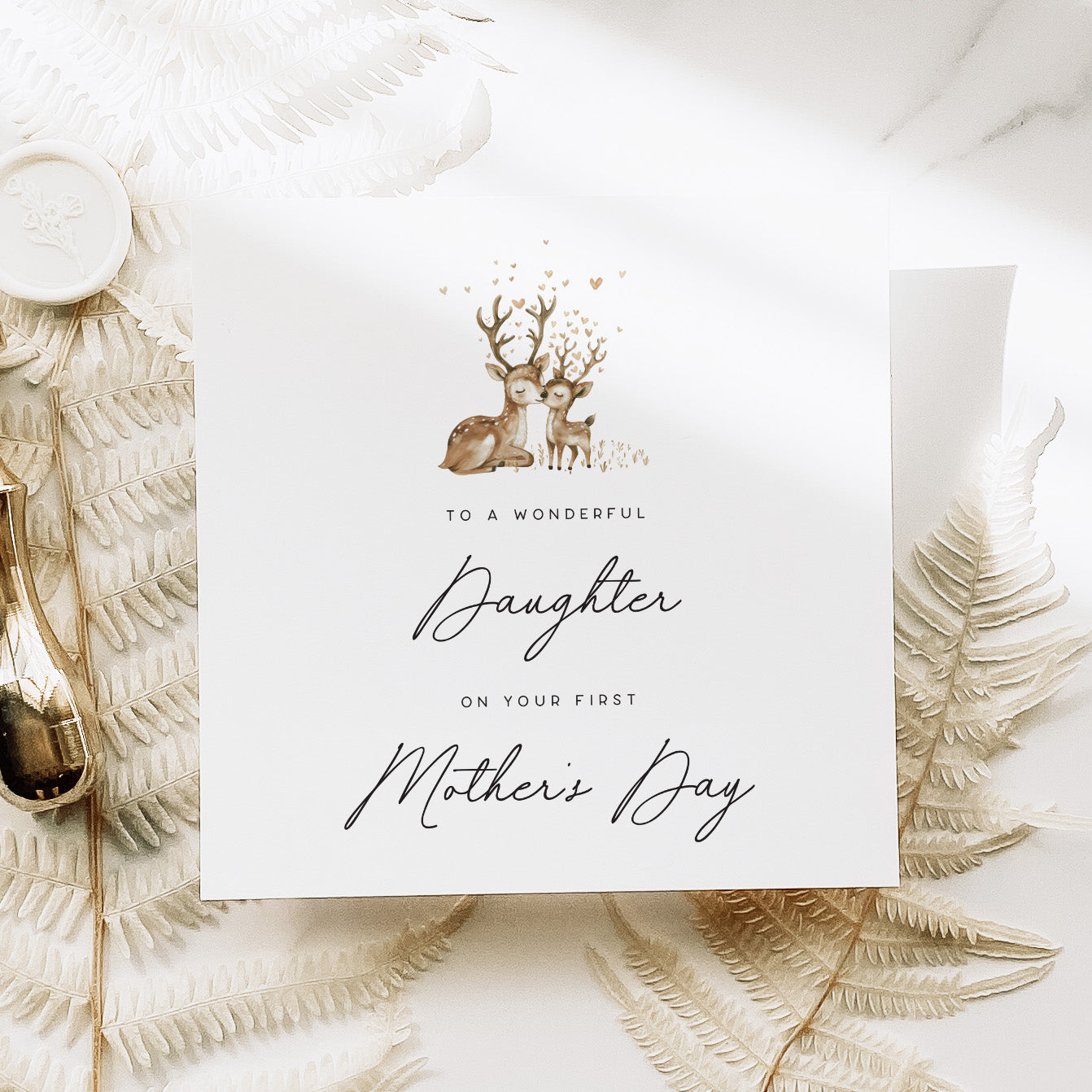 Greeting card with deer illustration and text on a decorative background