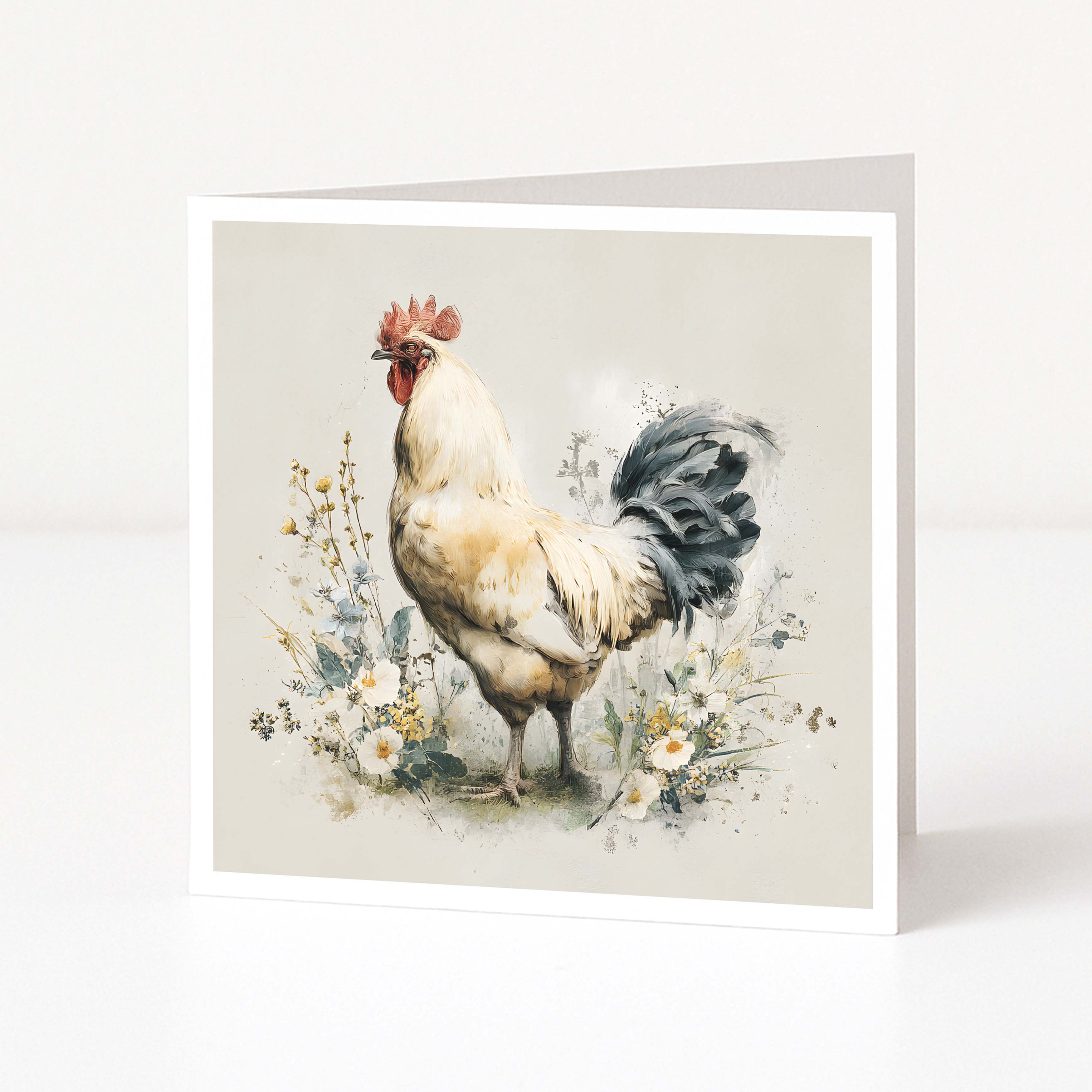 Greeting card with a rooster illustration on a white background