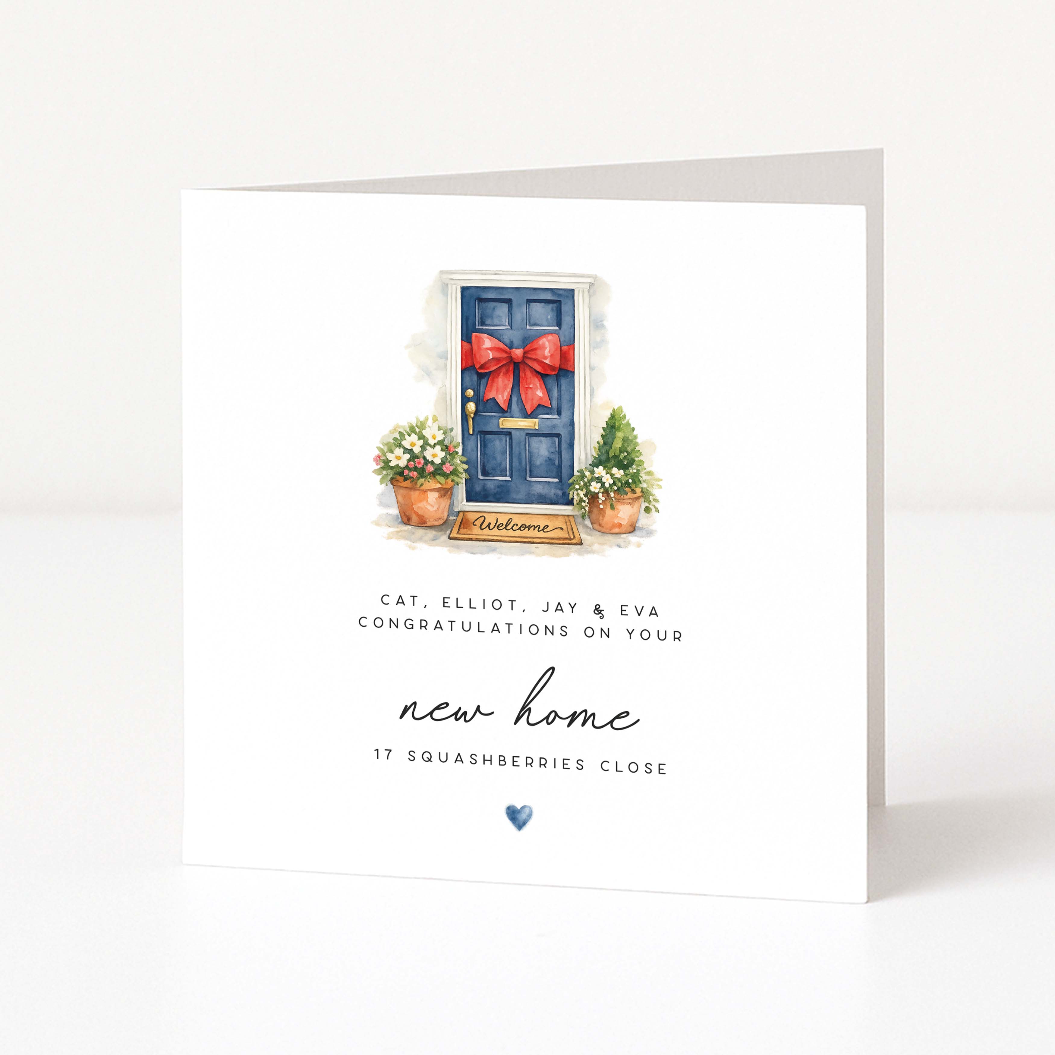 Greeting card for a new home with a blue door, red bow, and potted plants on a white background