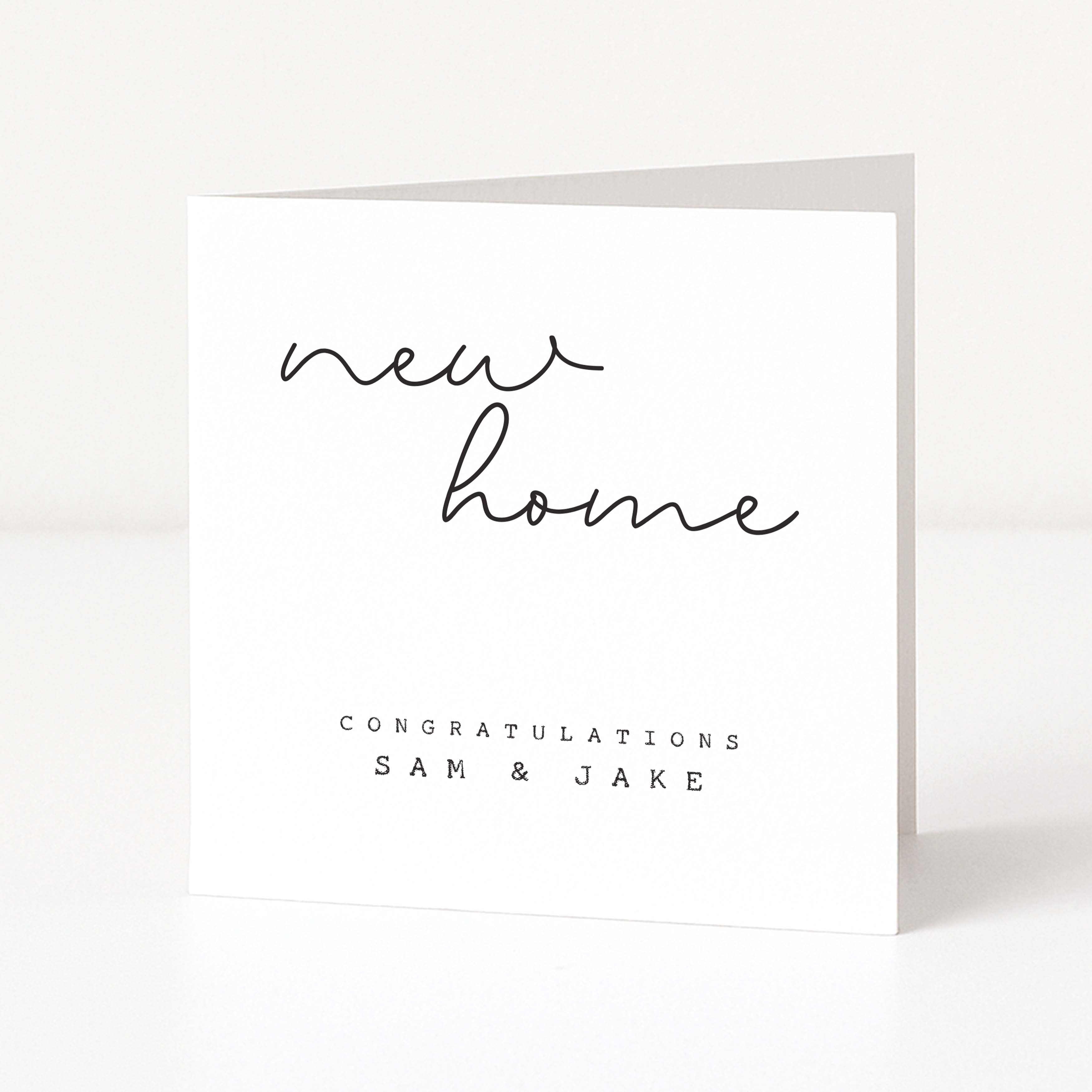 Greeting card with 'new home' text and personalized names on a white background