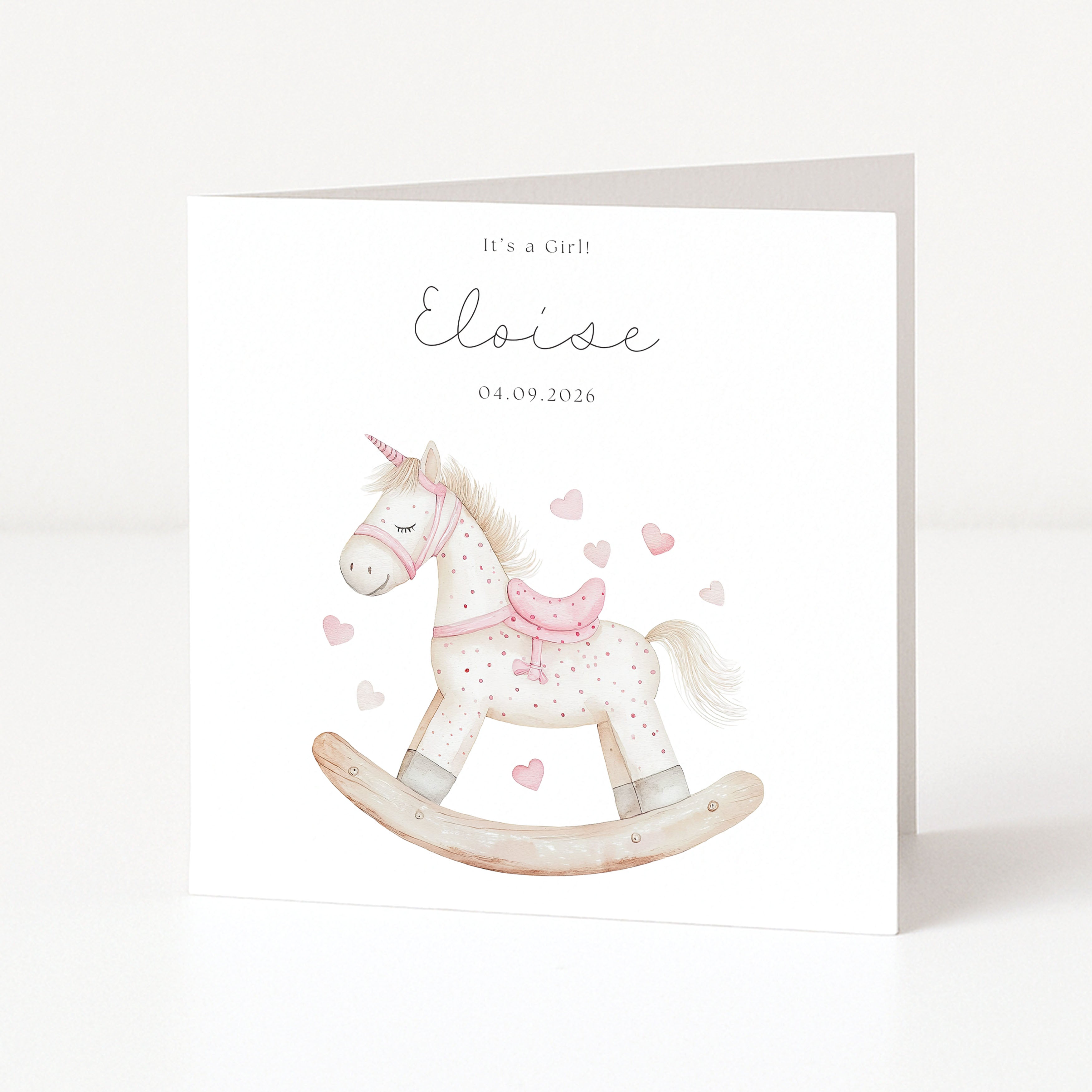 Newborn Baby Girl Personalised Card with rocking horse on white background