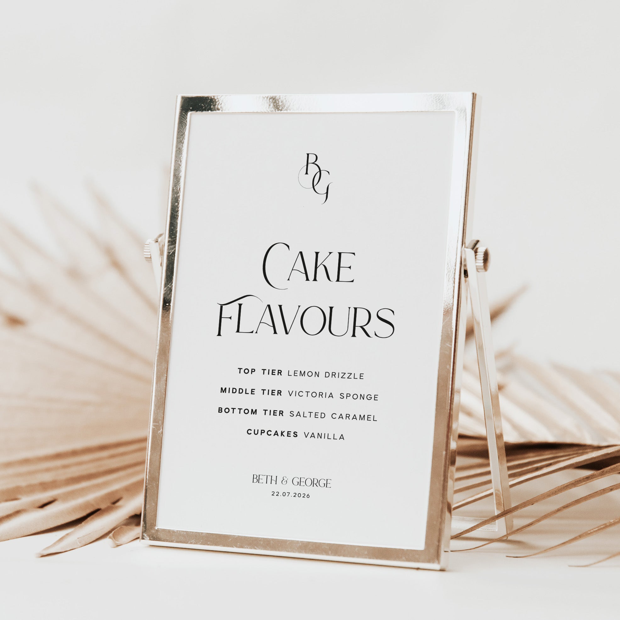 Cake flavours sign for wedding reception with decorative frame on a light background