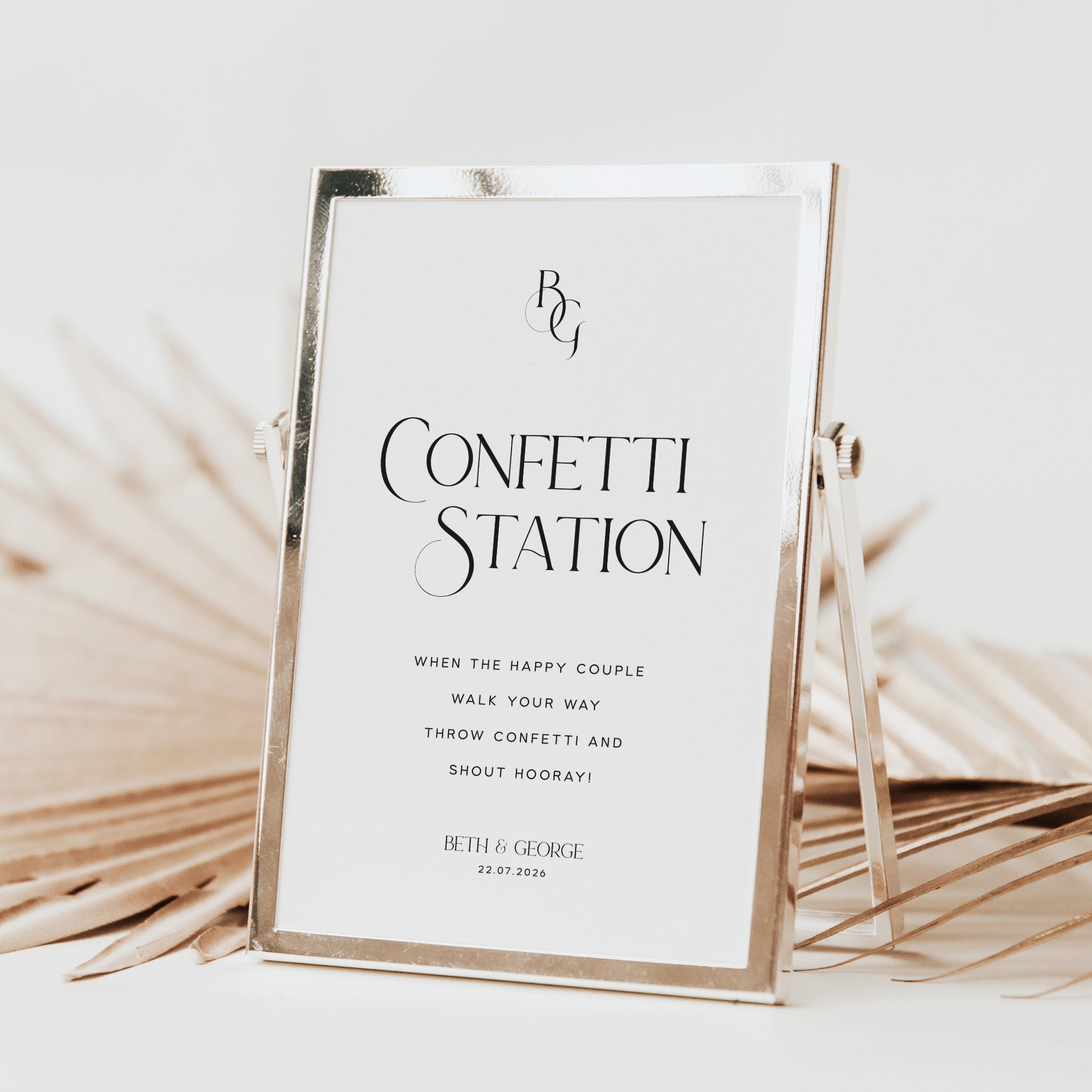 Decorative sign for a confetti station with elegant text on a white background.