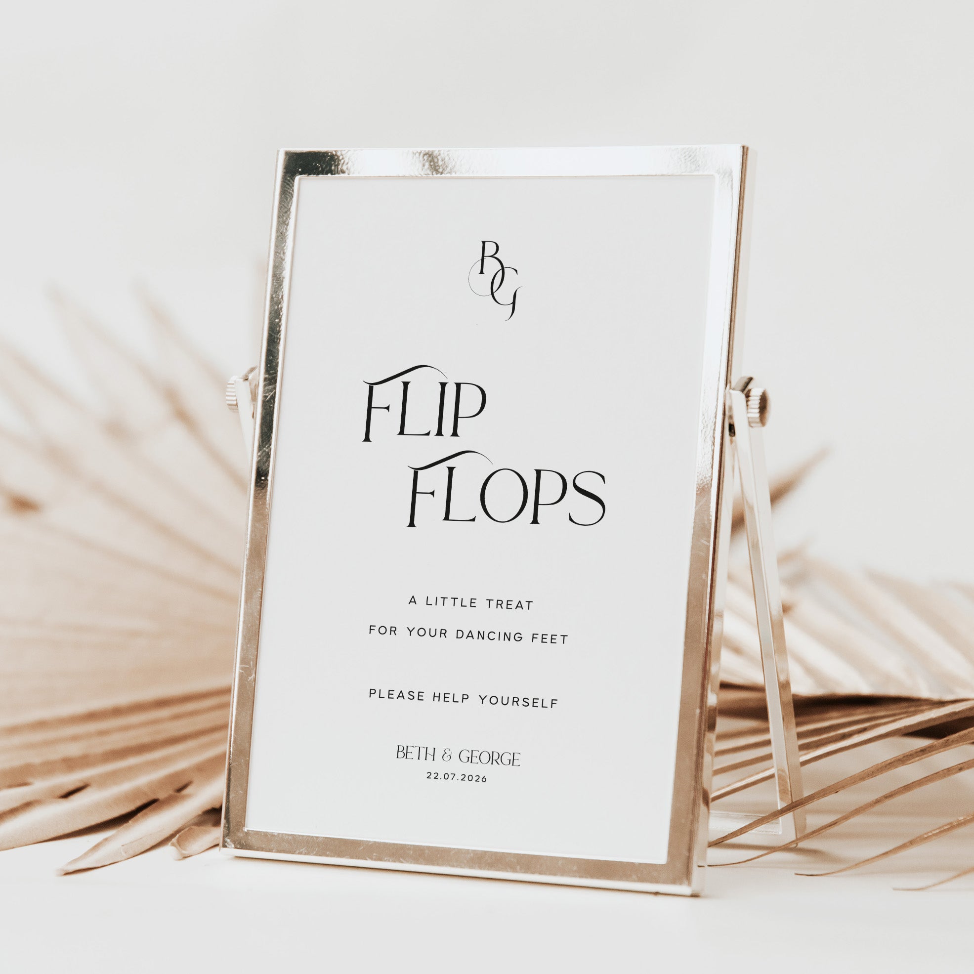 Framed wedding reception sign for flip flops with decorative background