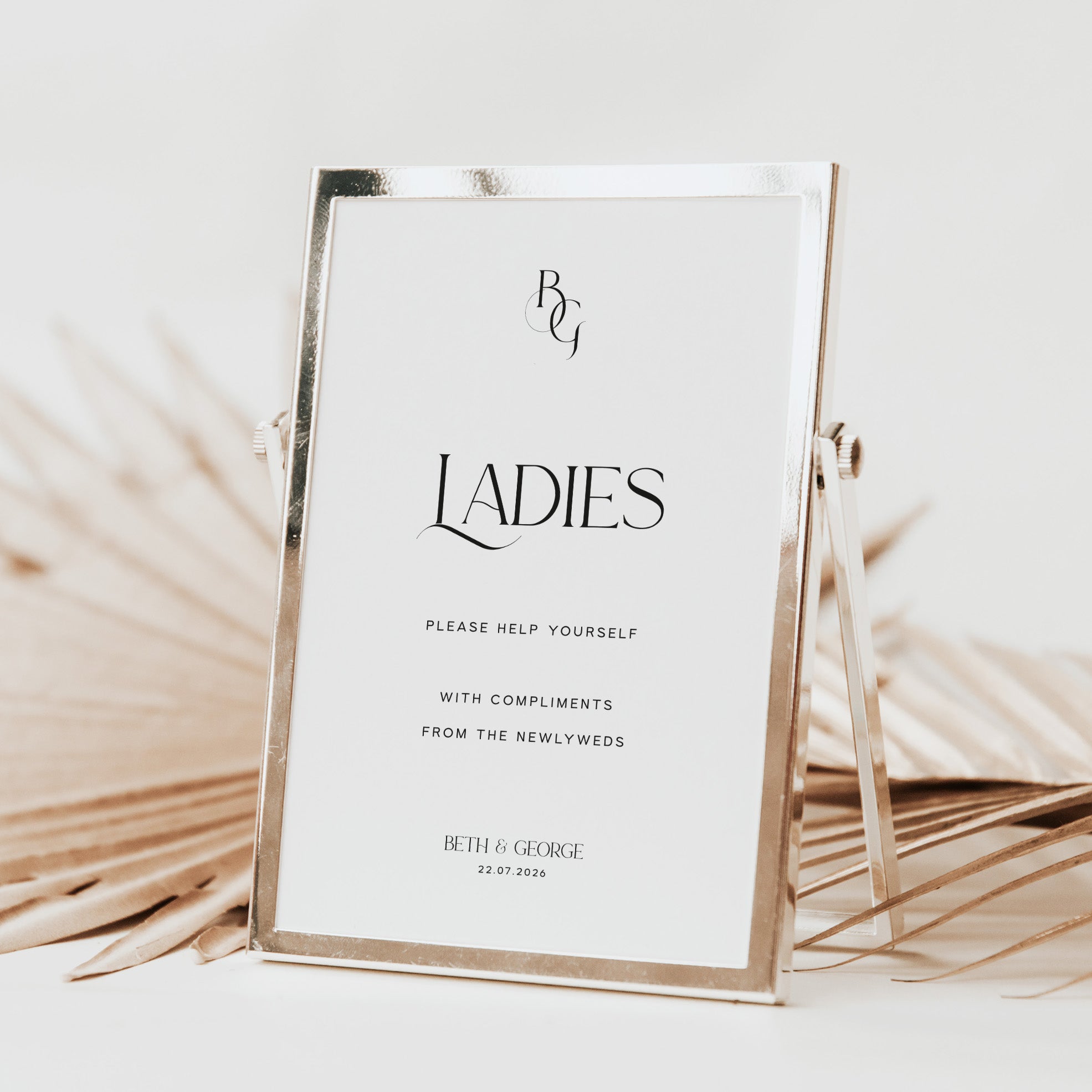 Personalised Ladies toiletries sign for wedding reception in gold frame