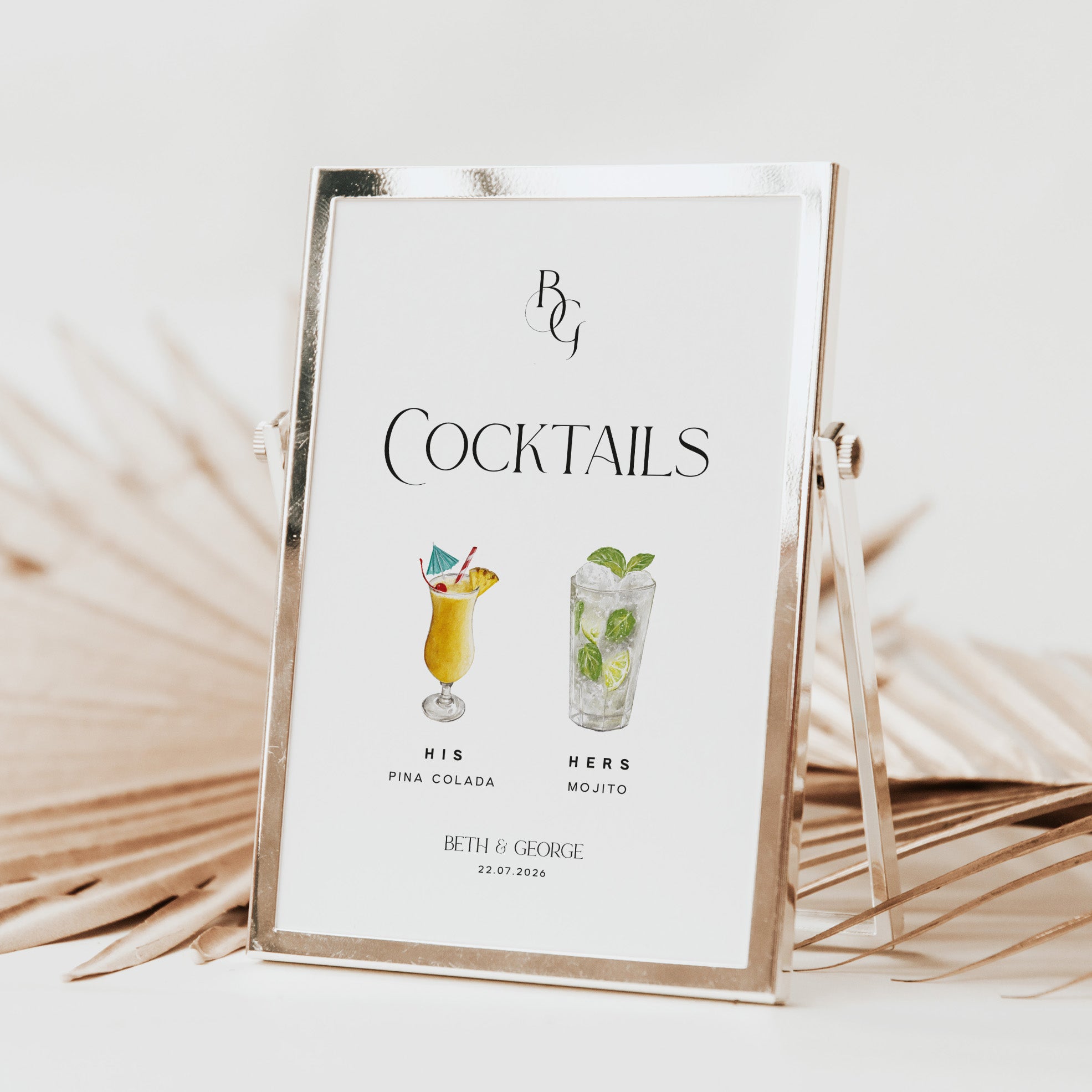 Signature Cocktails sign for wedding reception with personalised watercolour images of cocktails