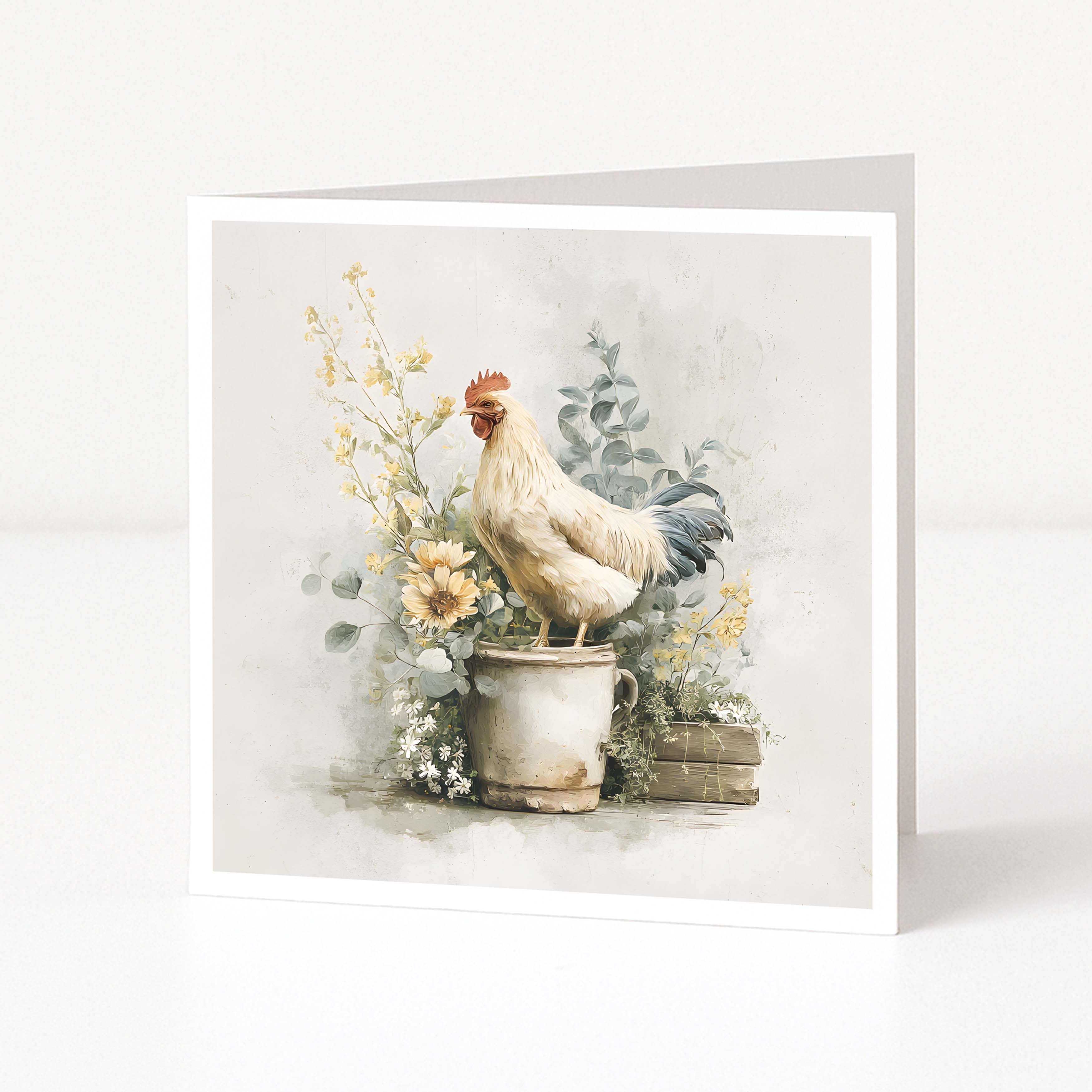 Greeting card with a rooster on a pot surrounded by flowers and plants.