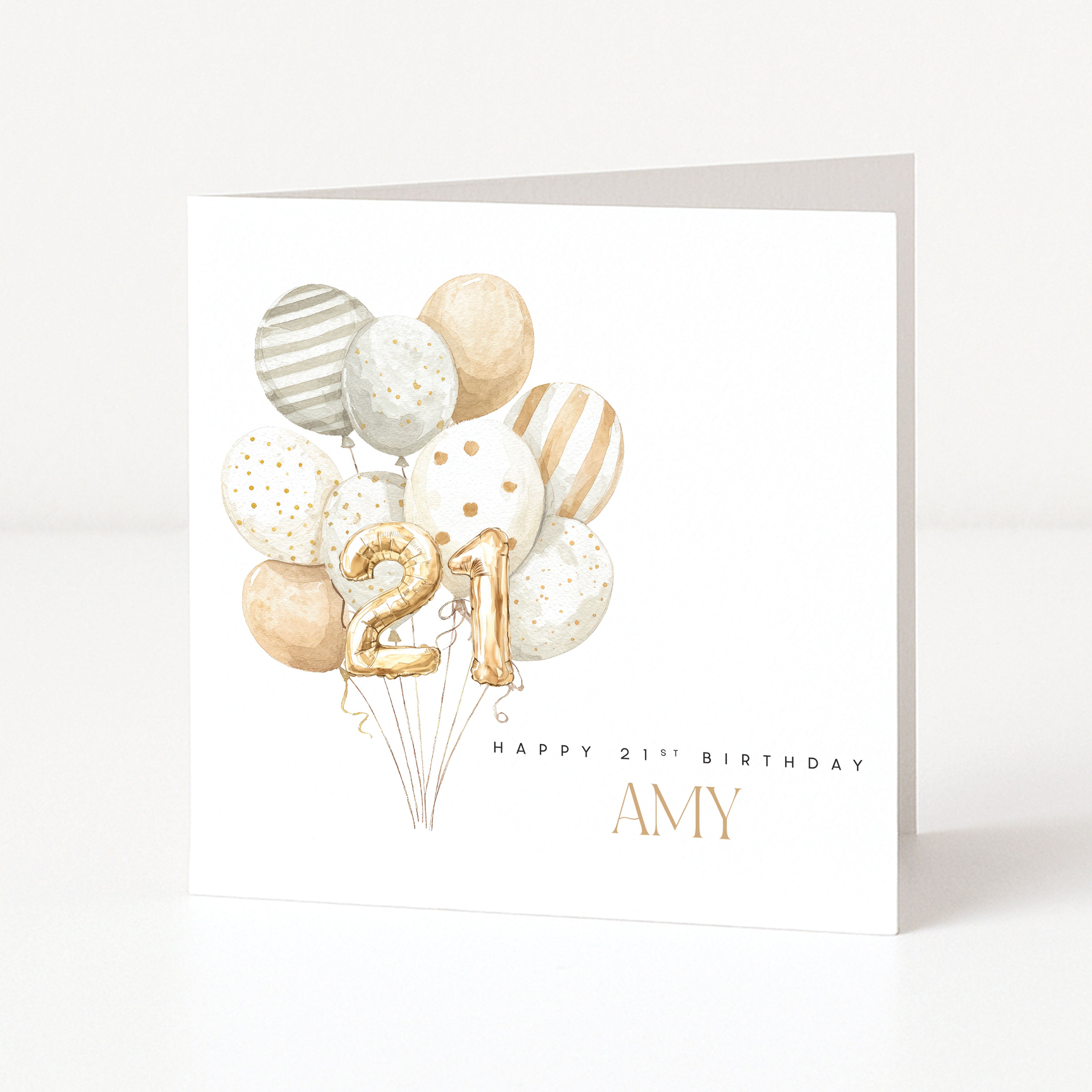 Greeting card with balloons and 'Happy 21st Birthday Amy' text on a white background
