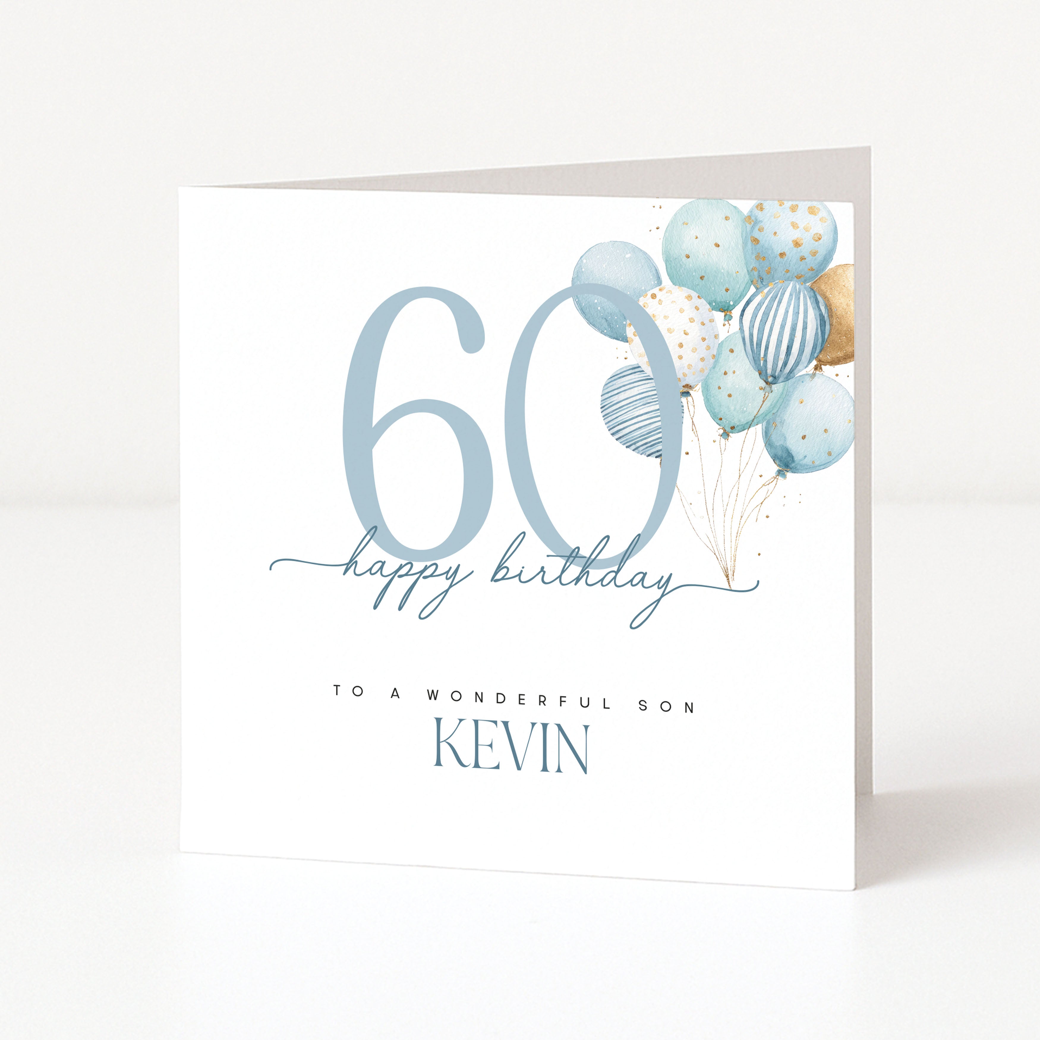 Personalised 60th birthday card for a son with large blue number design, balloon illustration and the name Kevin.
