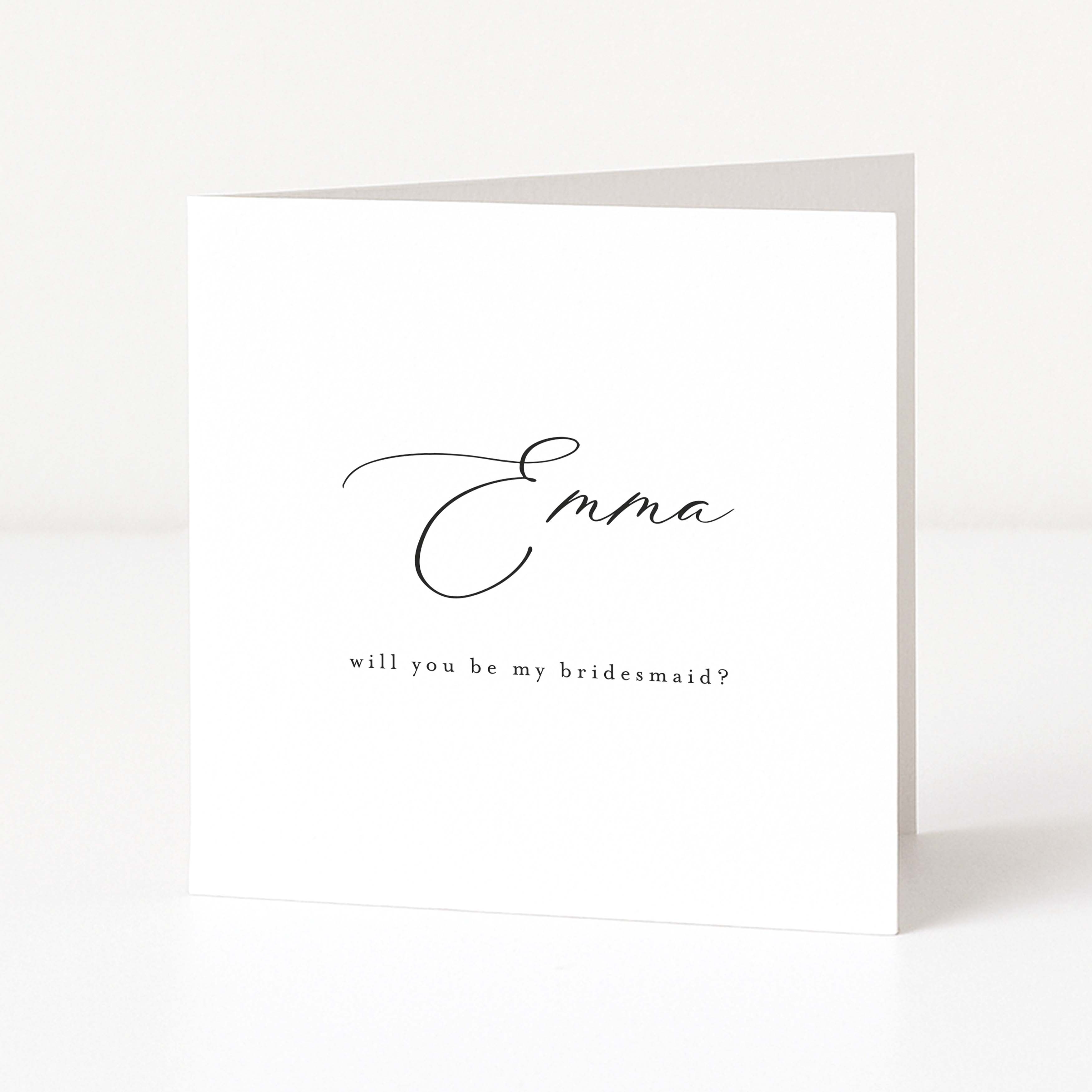 Greeting card with 'Emma will you be my bridesmaid?' text on a white background
