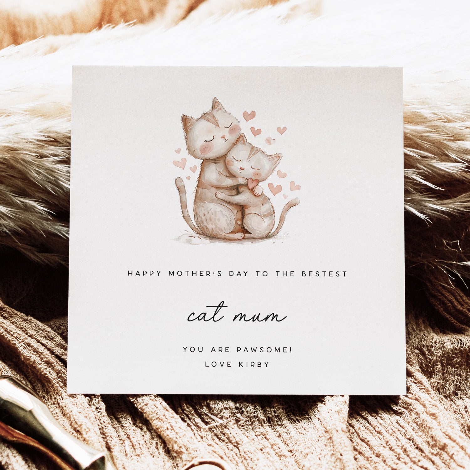 Greeting card with two cats hugging and hearts on a textured surface