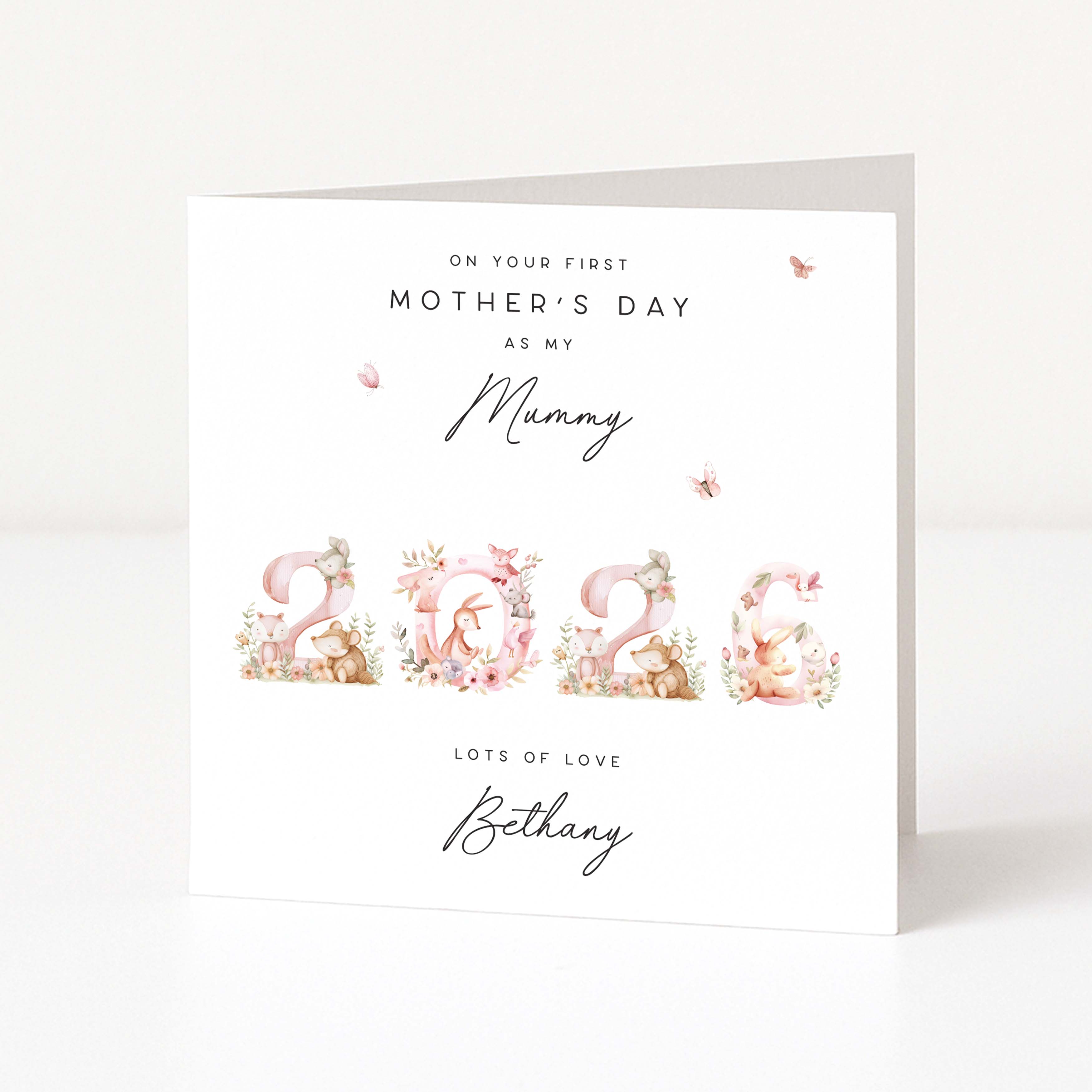Greeting card for Mother's Day with floral numbers and personalized text on a white background