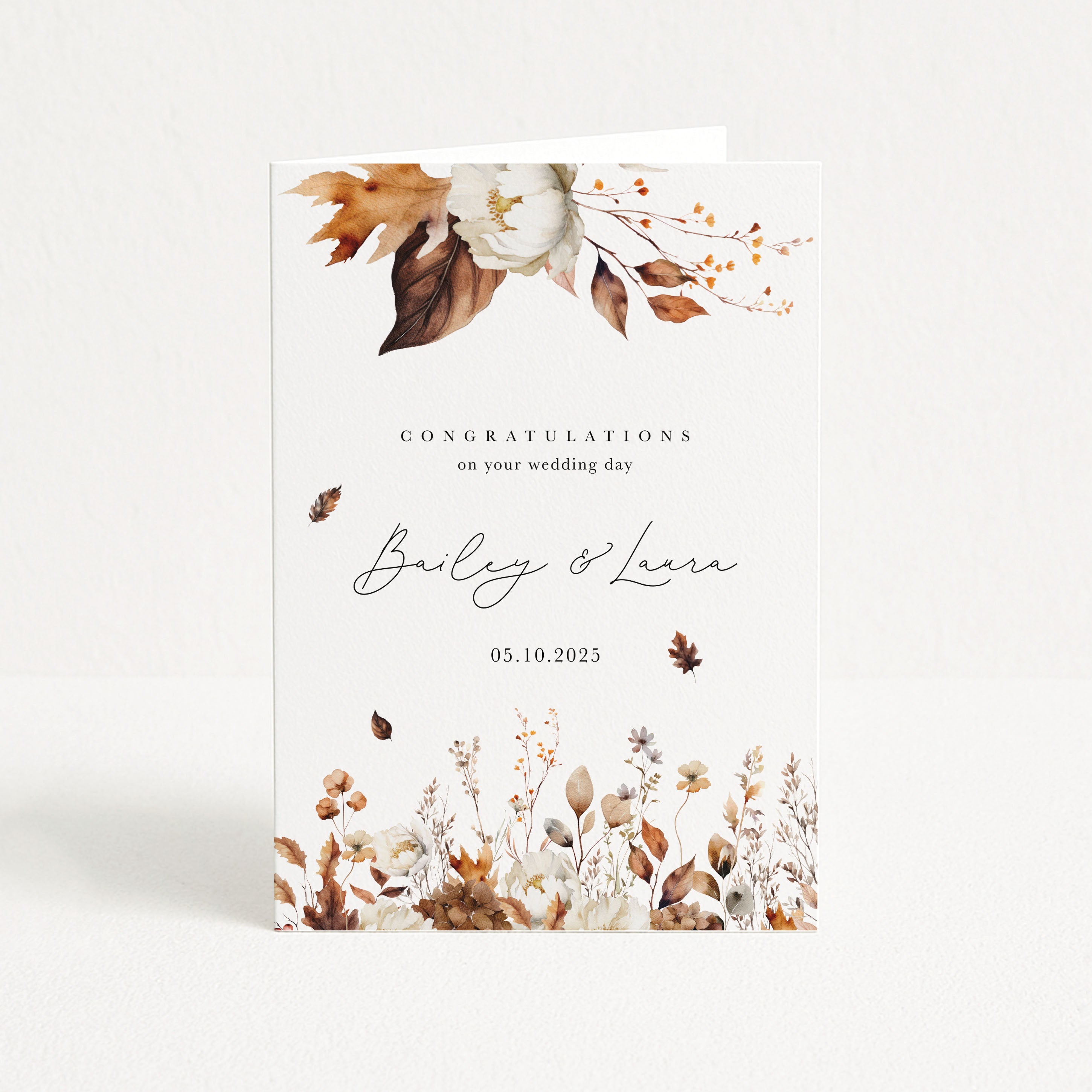 Wedding card with floral design and text on a white background