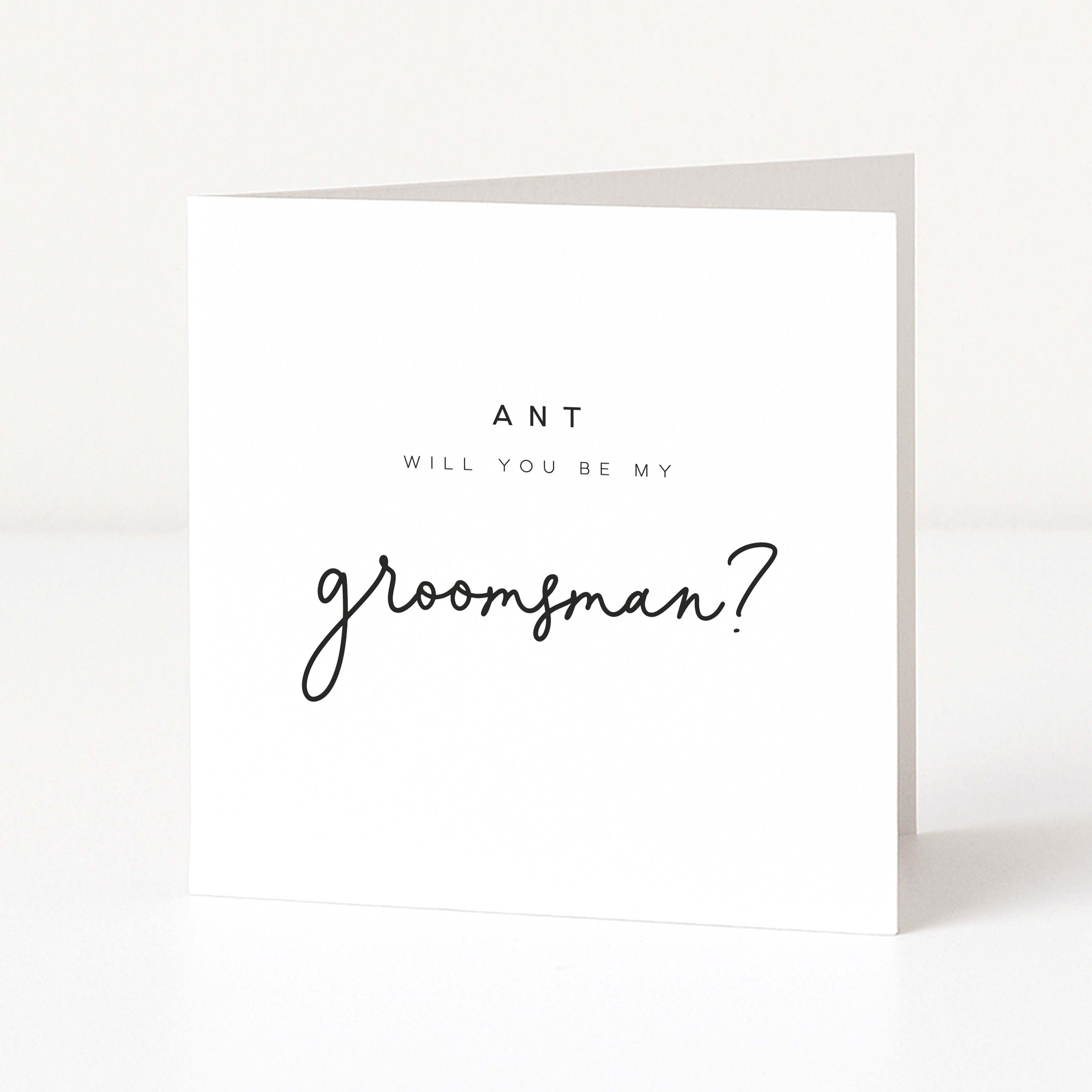 Greeting card asking 'Will you be my groomsman?' on a white background