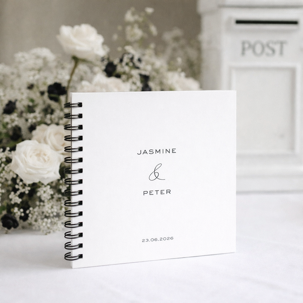 Personalised guestbook with 'Jasmine & Peter' and a date, surrounded by white flowers.