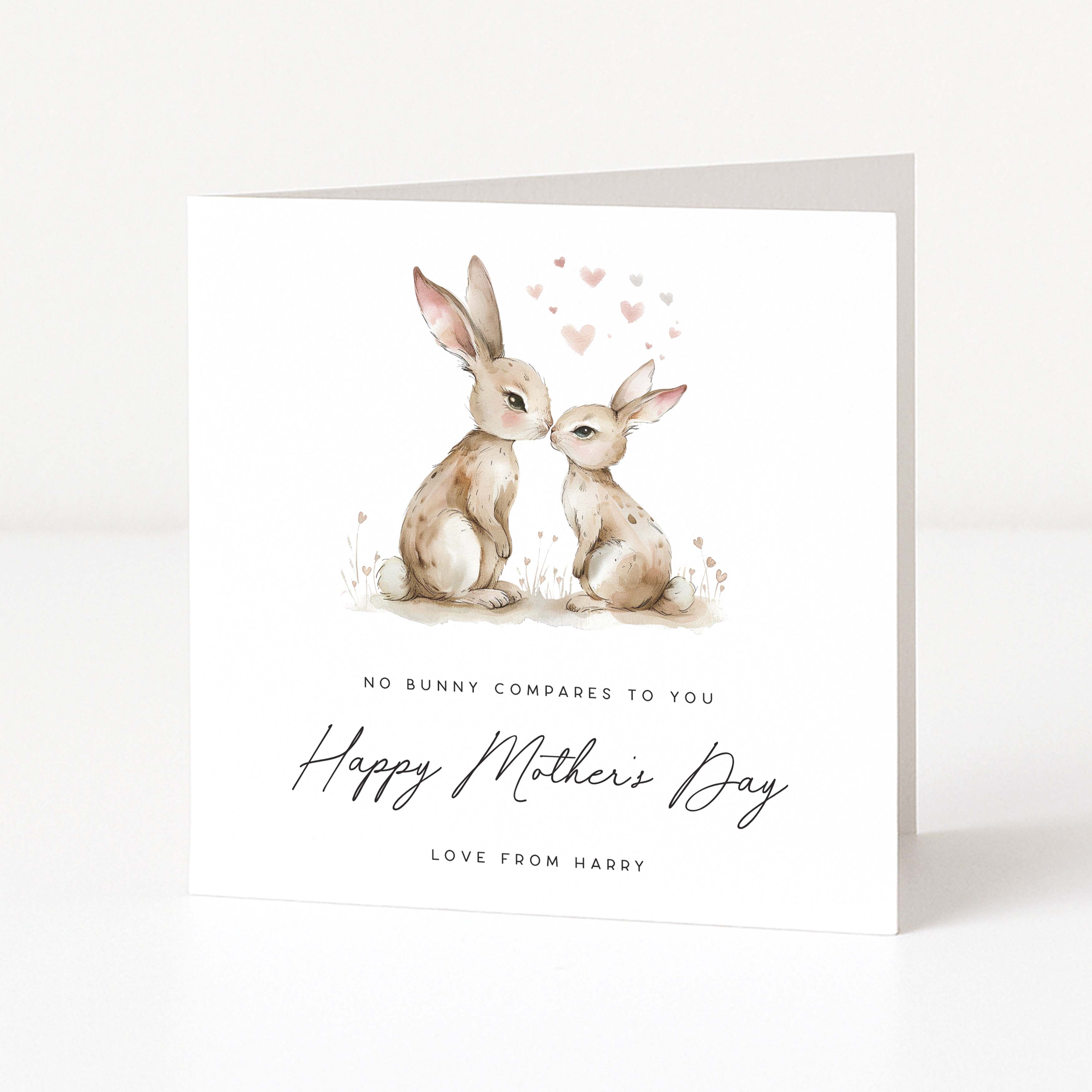 Greeting card with two bunnies and 'Happy Mother's Day' text on a white background
