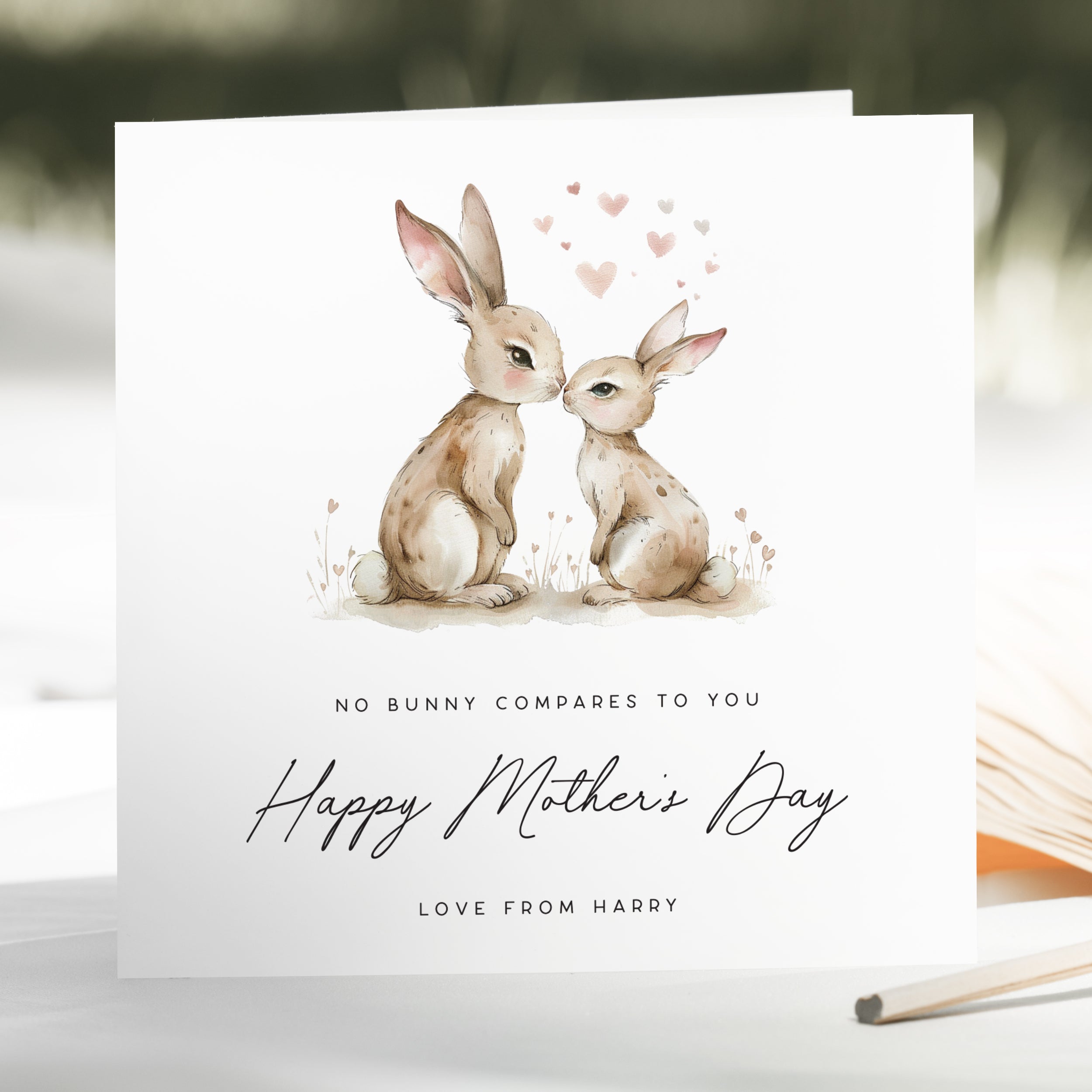 Mother's Day card with two bunnies and hearts, featuring the text 'No bunny compares to you. Happy Mother's Day.