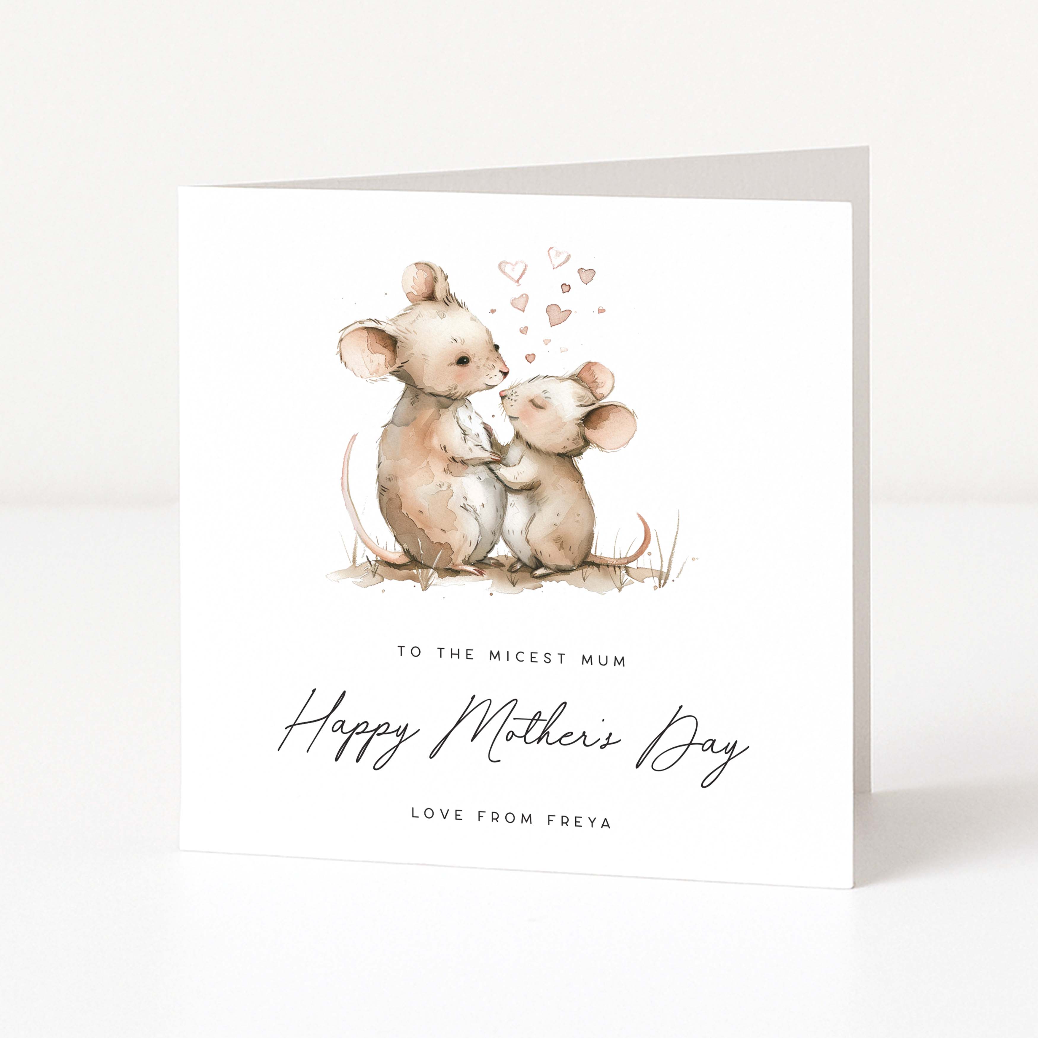 Greeting card with two mice hugging and hearts, text 'Happy Mother's Day' on a white background