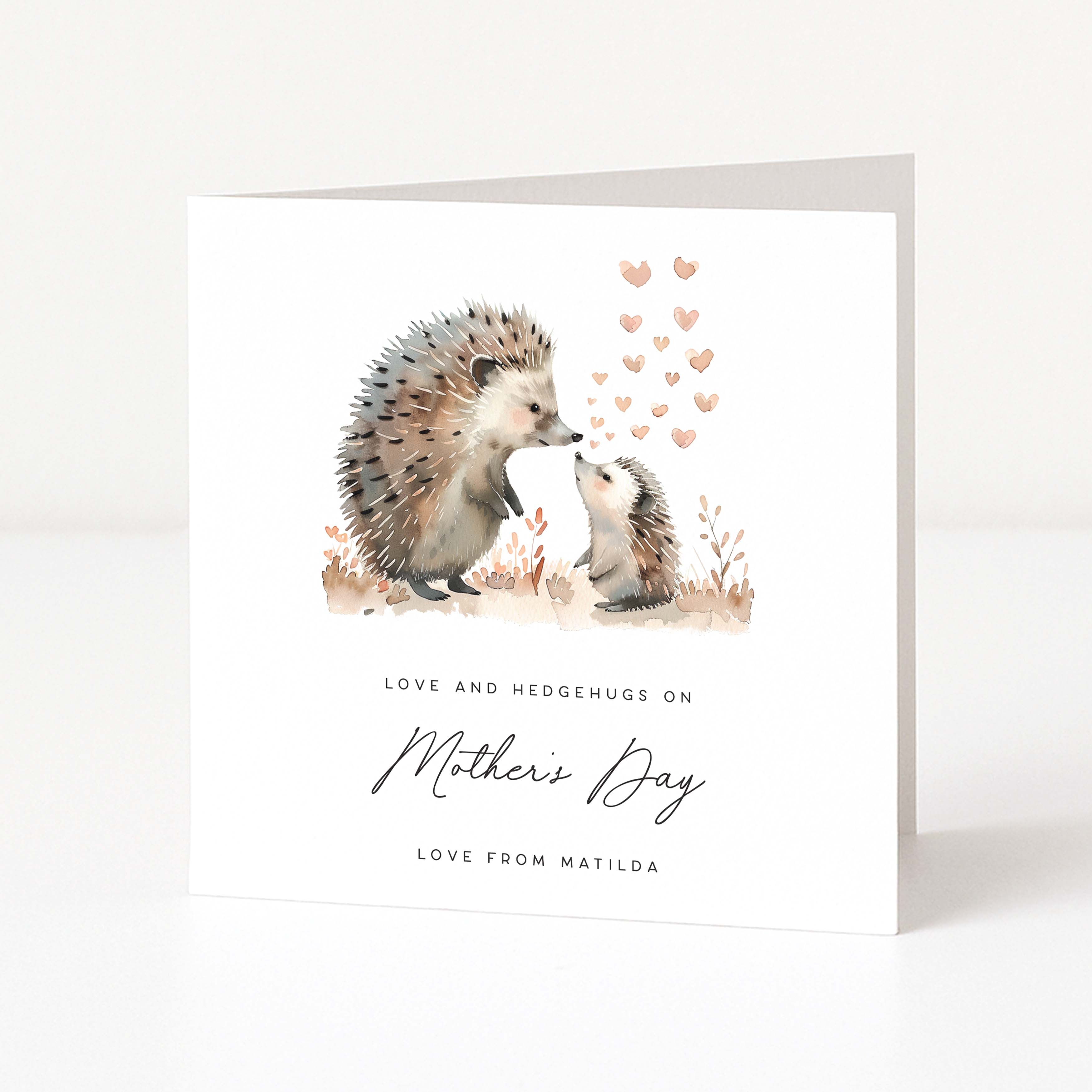 Greeting card with hedgehogs and hearts on a white background