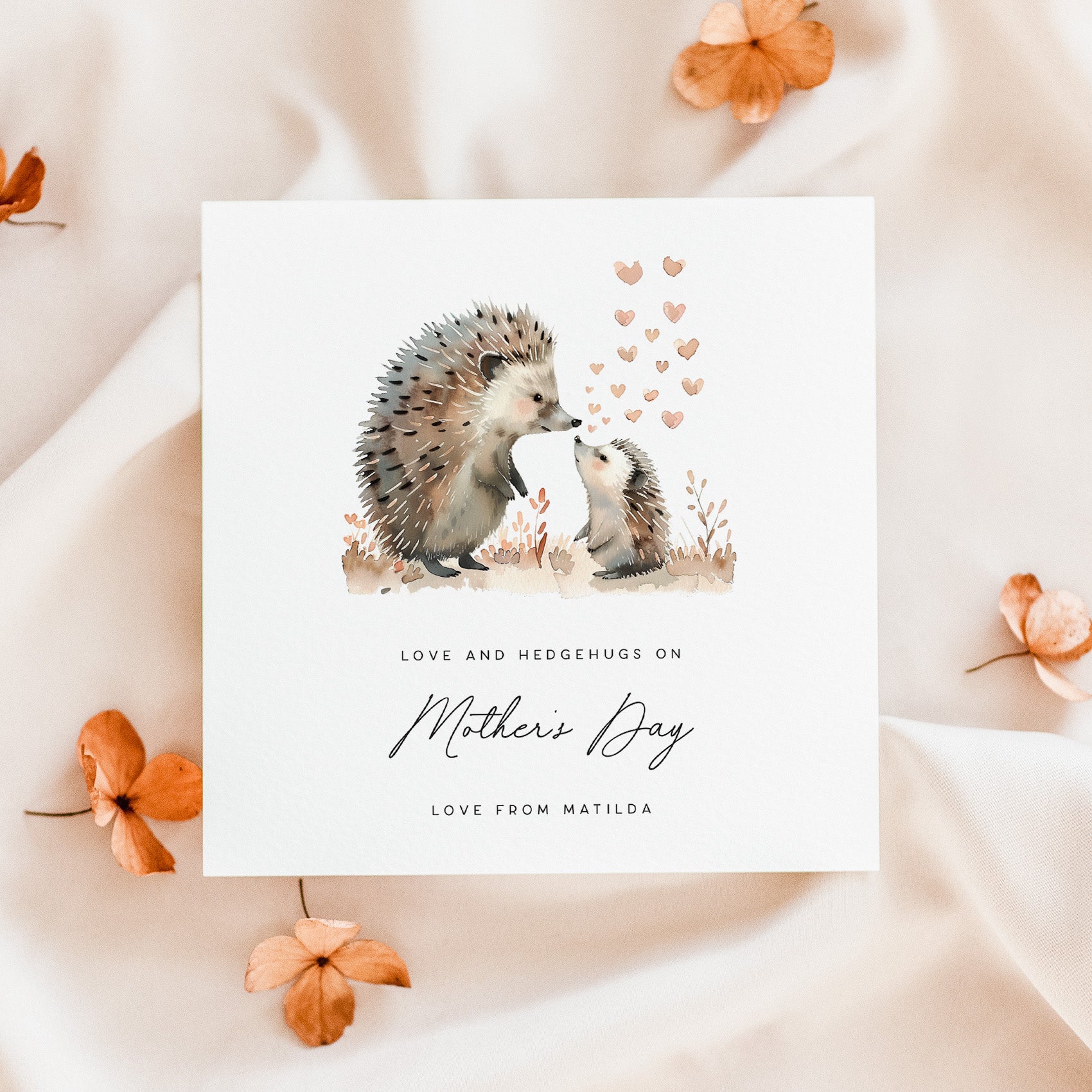 Mother's Day card with hedgehogs and hearts on a soft beige background