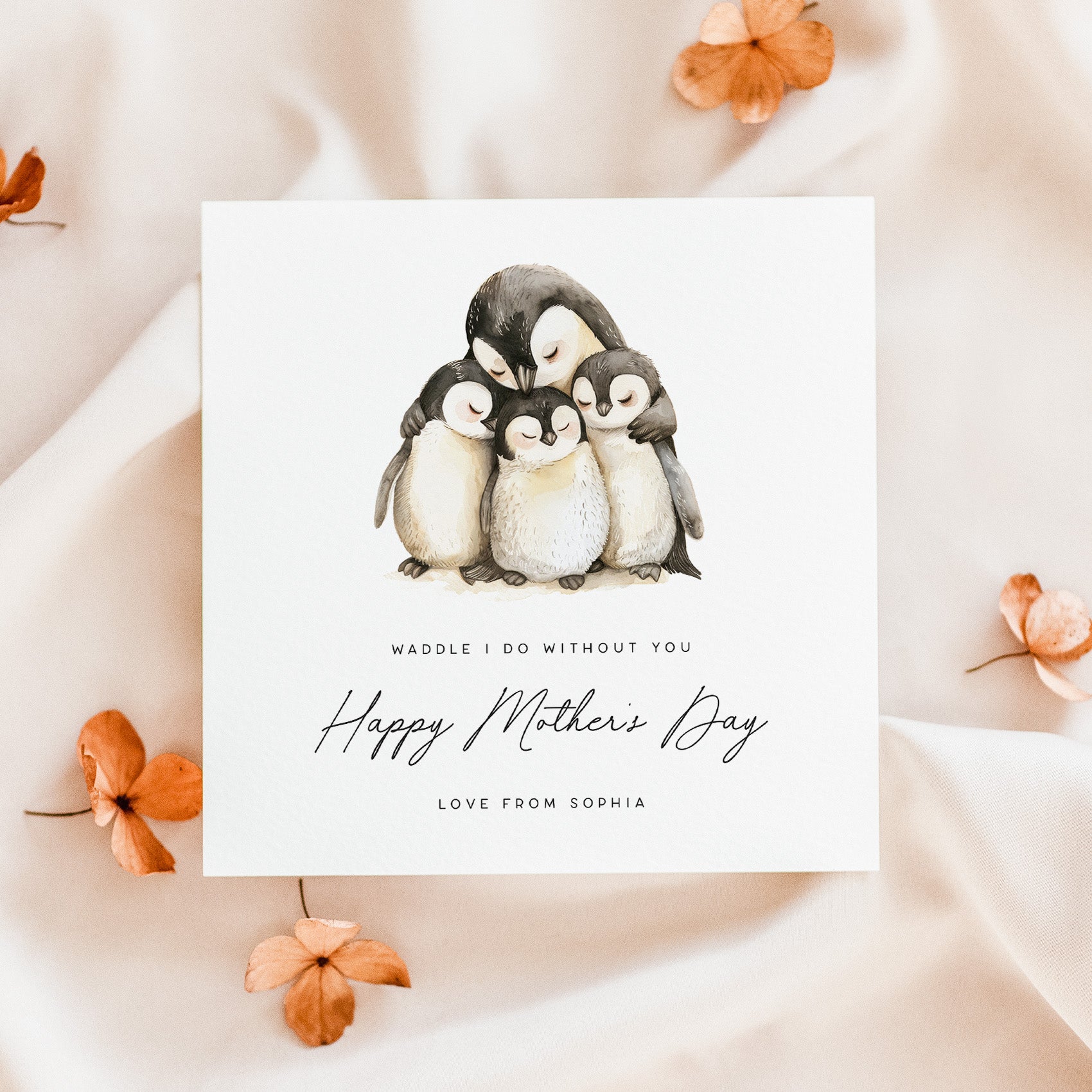 Mother's Day card with penguin family illustration on a soft beige background.