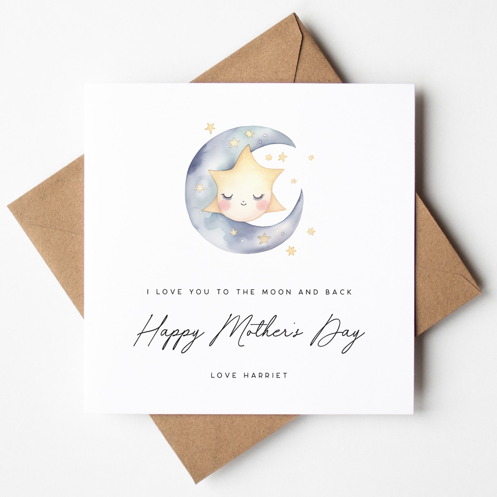 Mother's Day card with a moon and star illustration and brown envelope on a white background