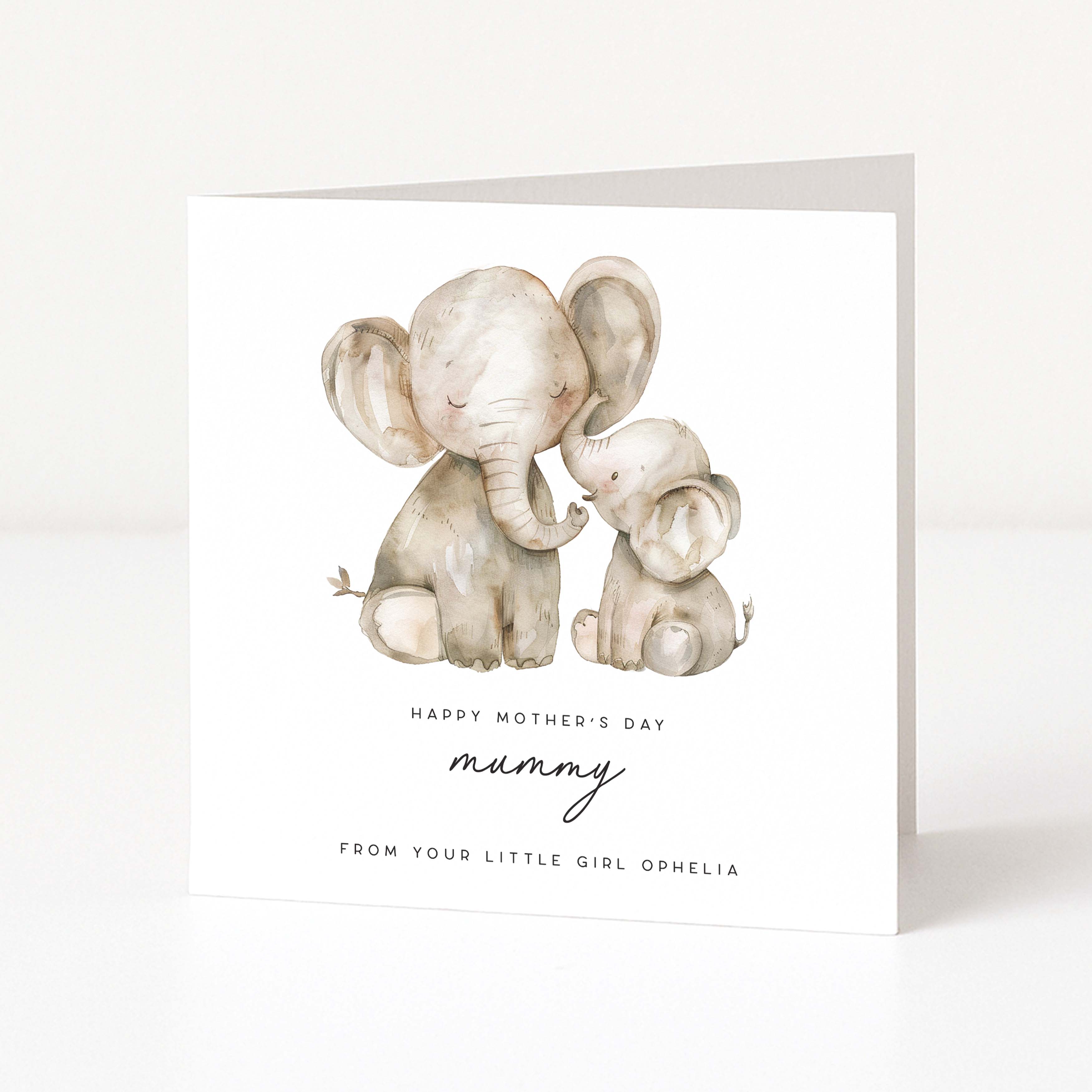 Greeting card with two elephants and 'Happy Mother's Day' text on a white background