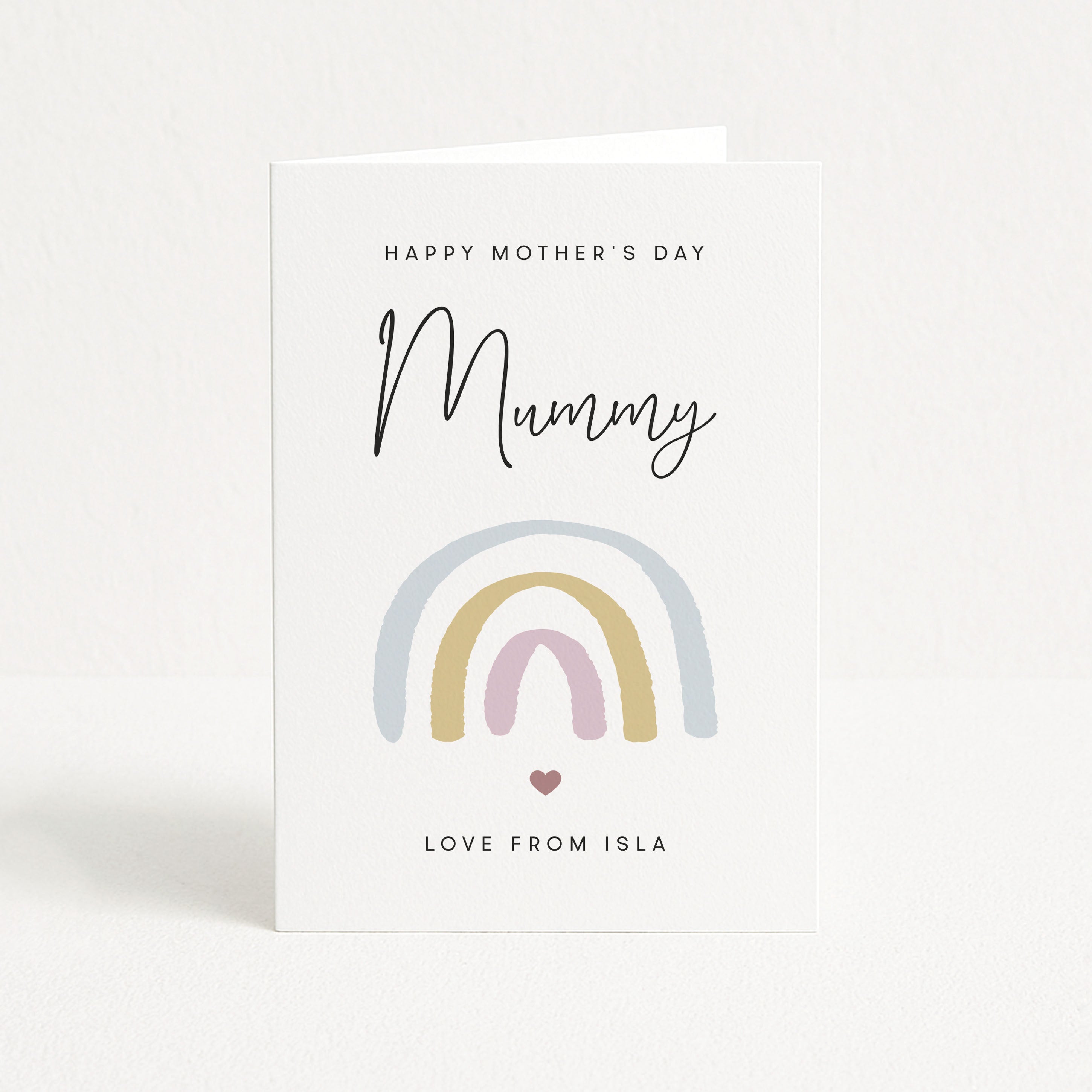 Mother's Day card with rainbow design and personalized text on a white background
