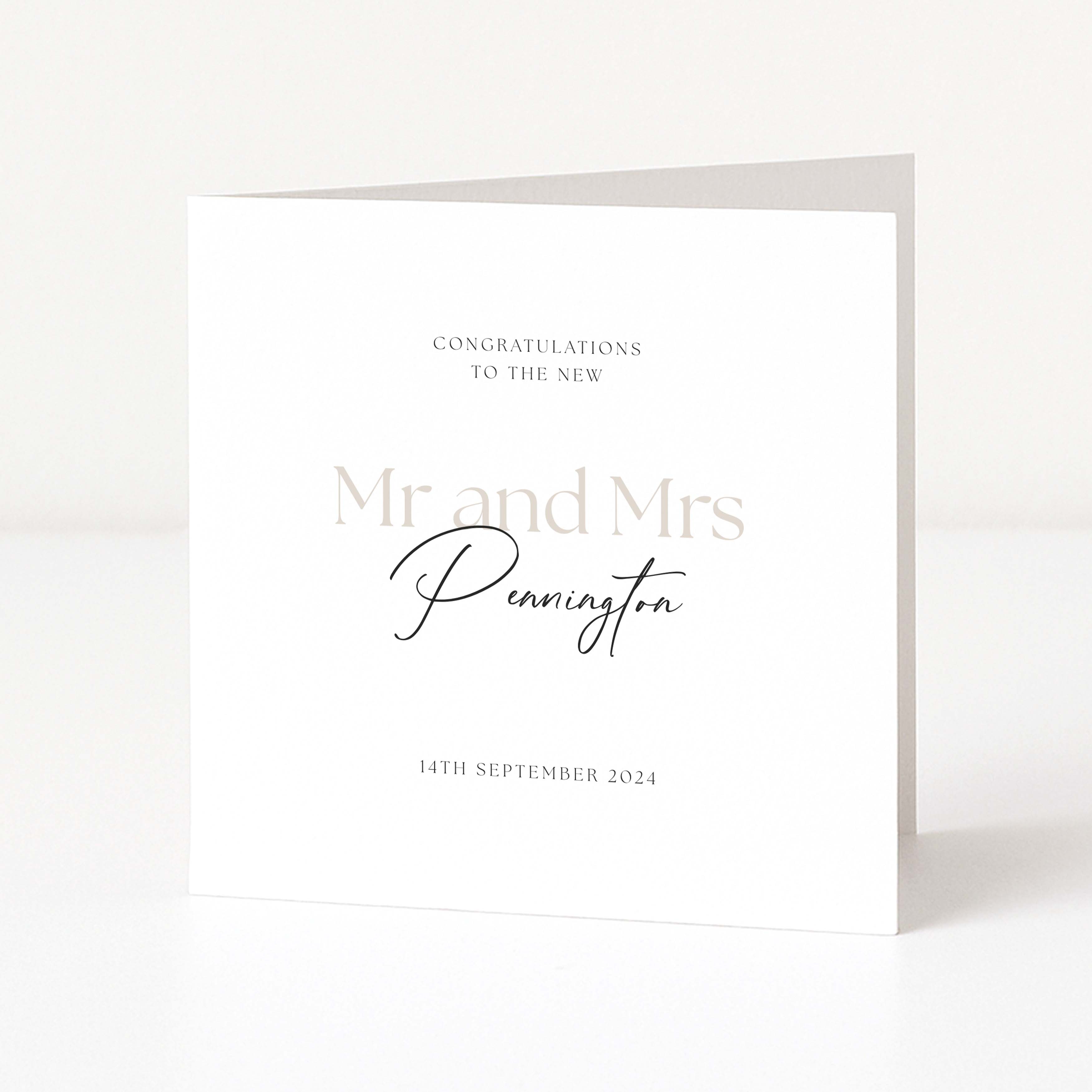 Greeting card with 'Congratulations to the new Mr and Mrs Pennington' text on a white background