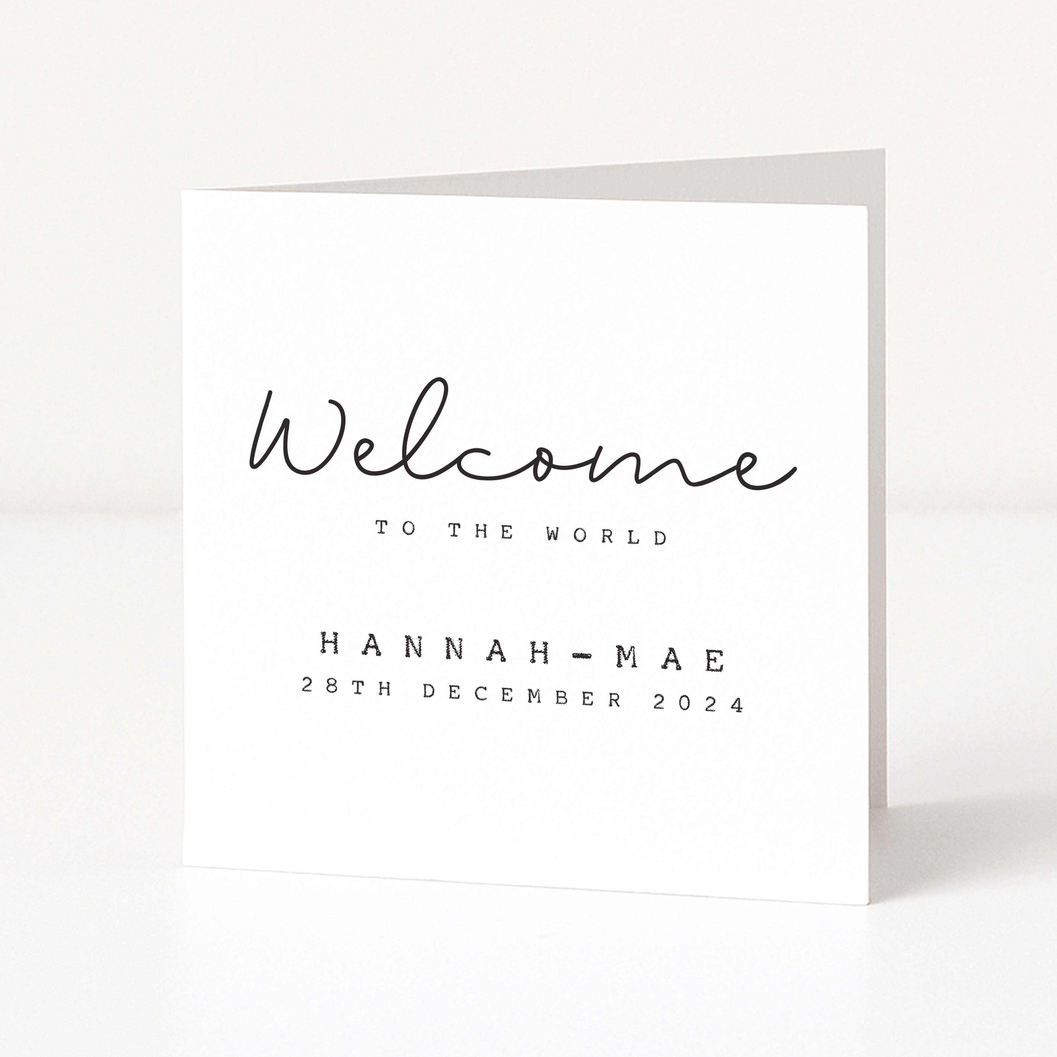 White card with 'Welcome to the World' text on a white background