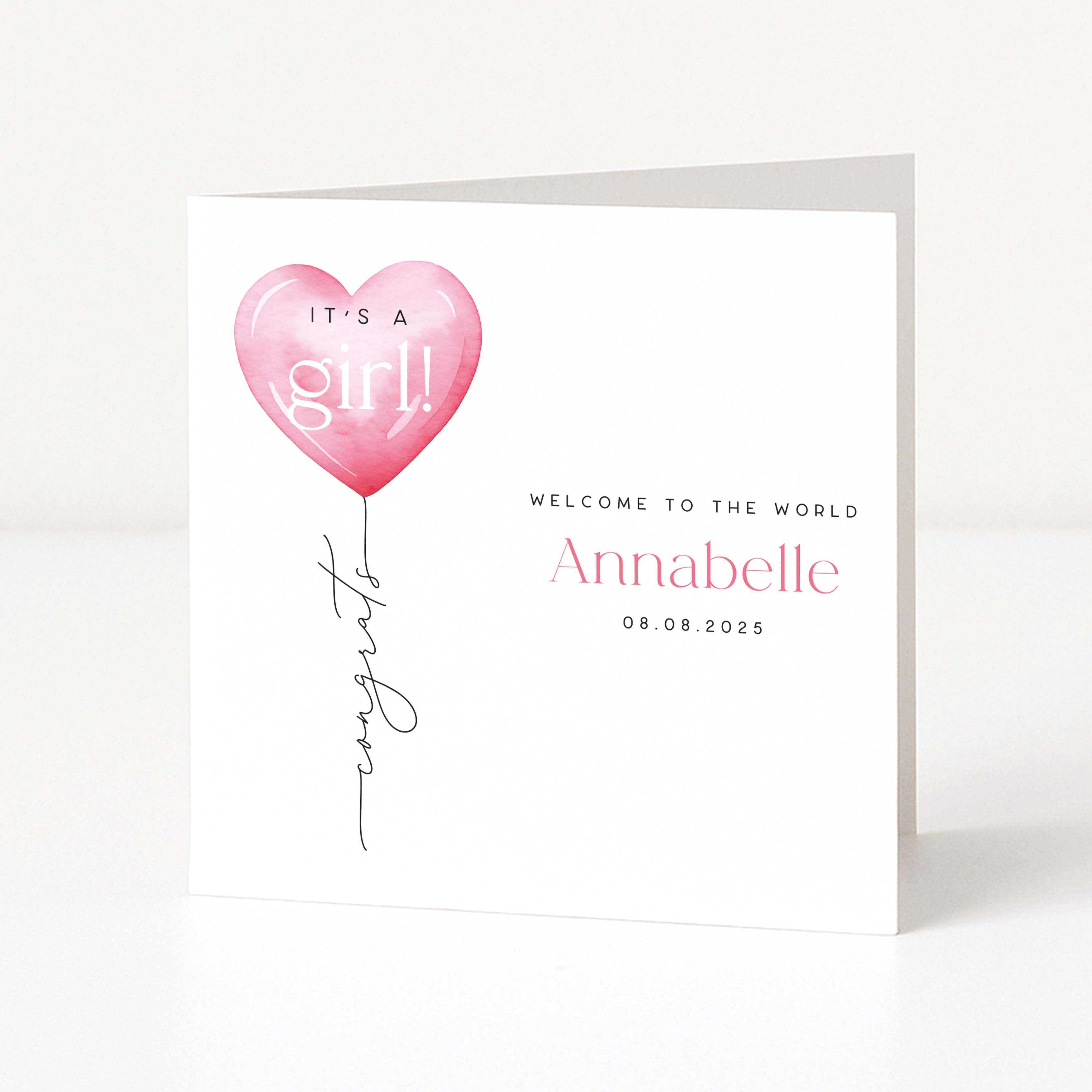 greetings card with pink balloon and welcome to the world Annabelle printed on the front.