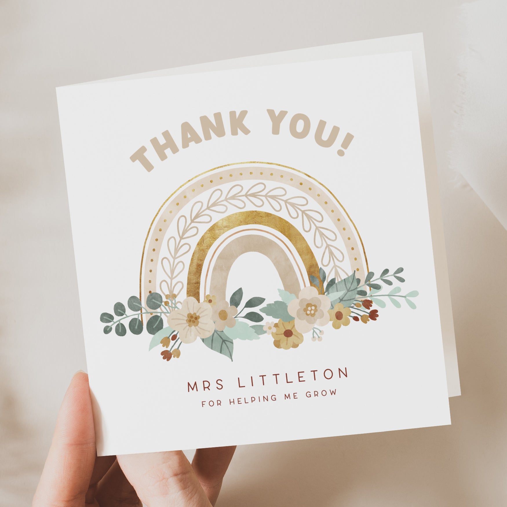 Card with 'Thank You! Mrs. Littleton For Helping Me Grow' text and decorative elements.