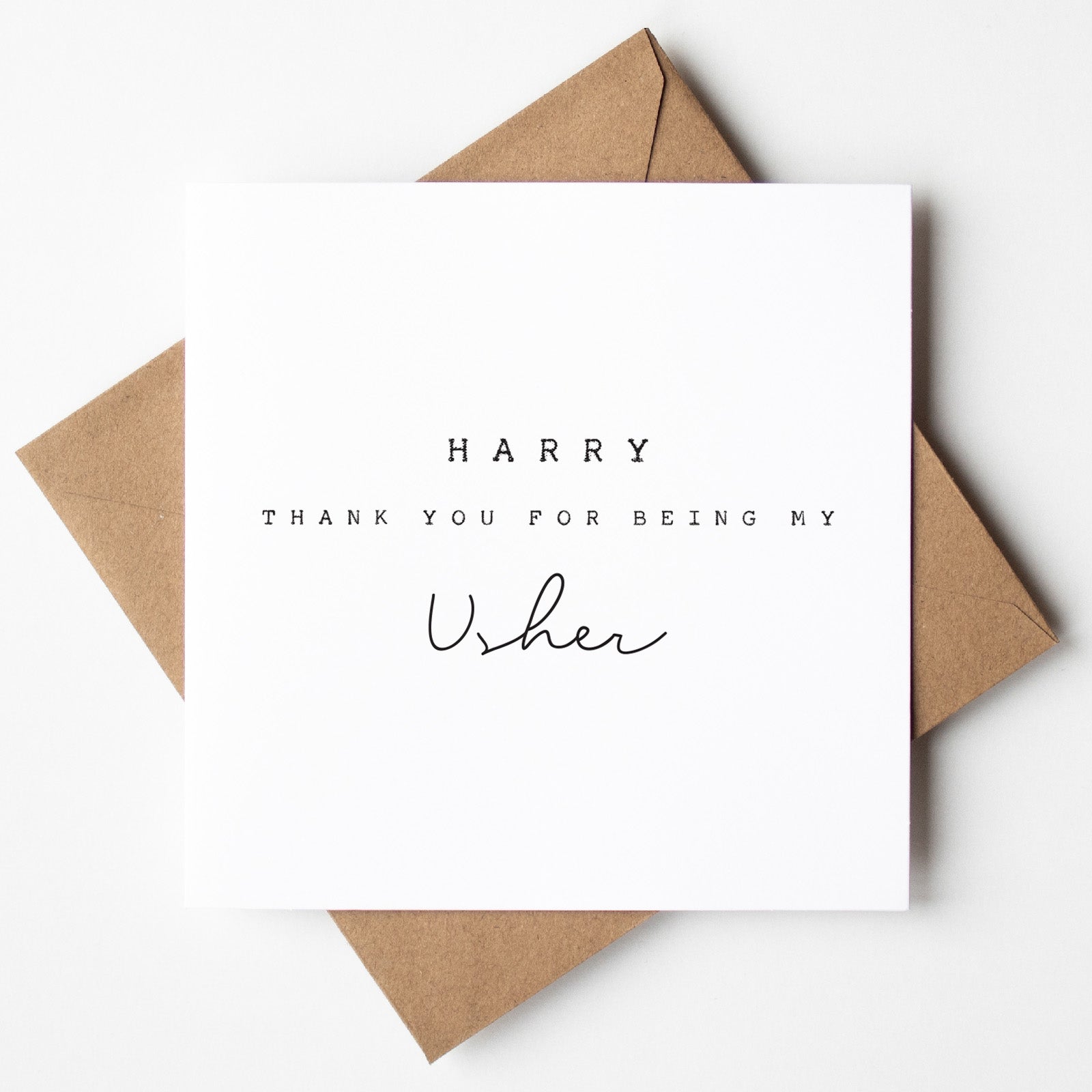 Greeting card with 'Thank you for being my Usher' text on a white background