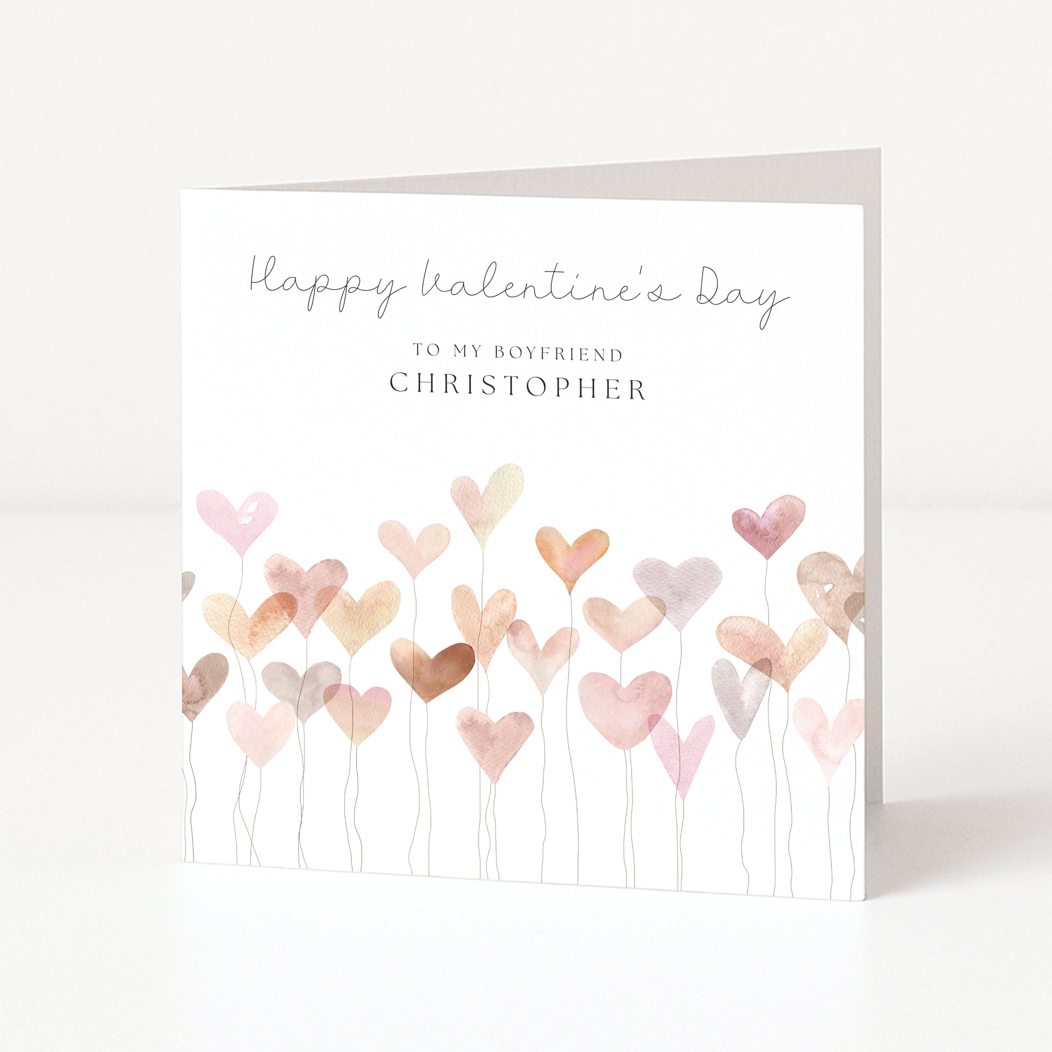Valentine's Day card with heart-shaped balloons and personalized text on a white background