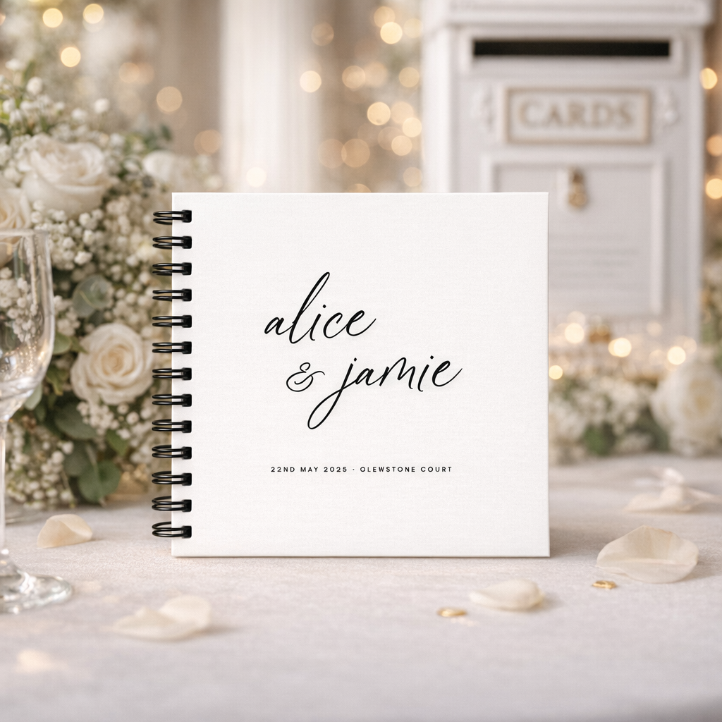 Personalized notebook with 'alice & jamie' on a decorative table with flowers and lights.
