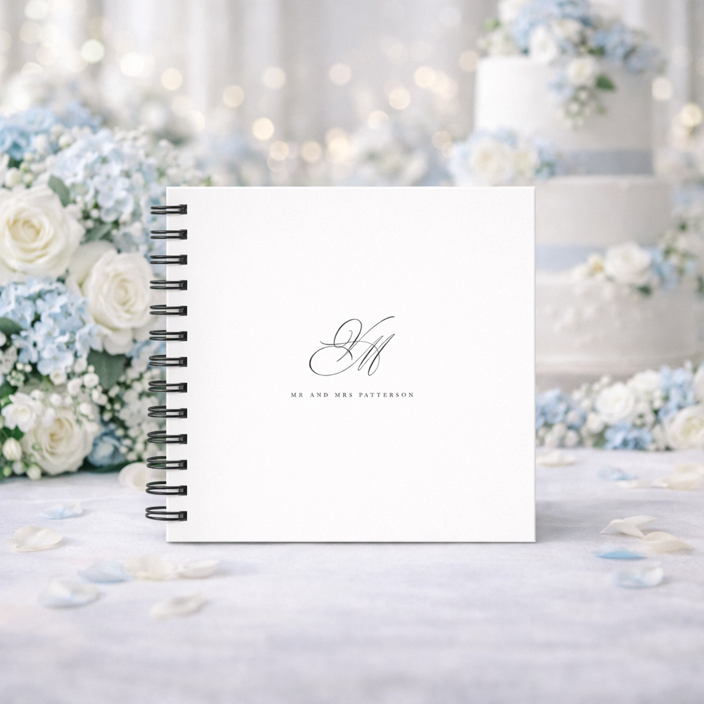 Wedding guest book on breakfast table, with blue flowers and blue cake