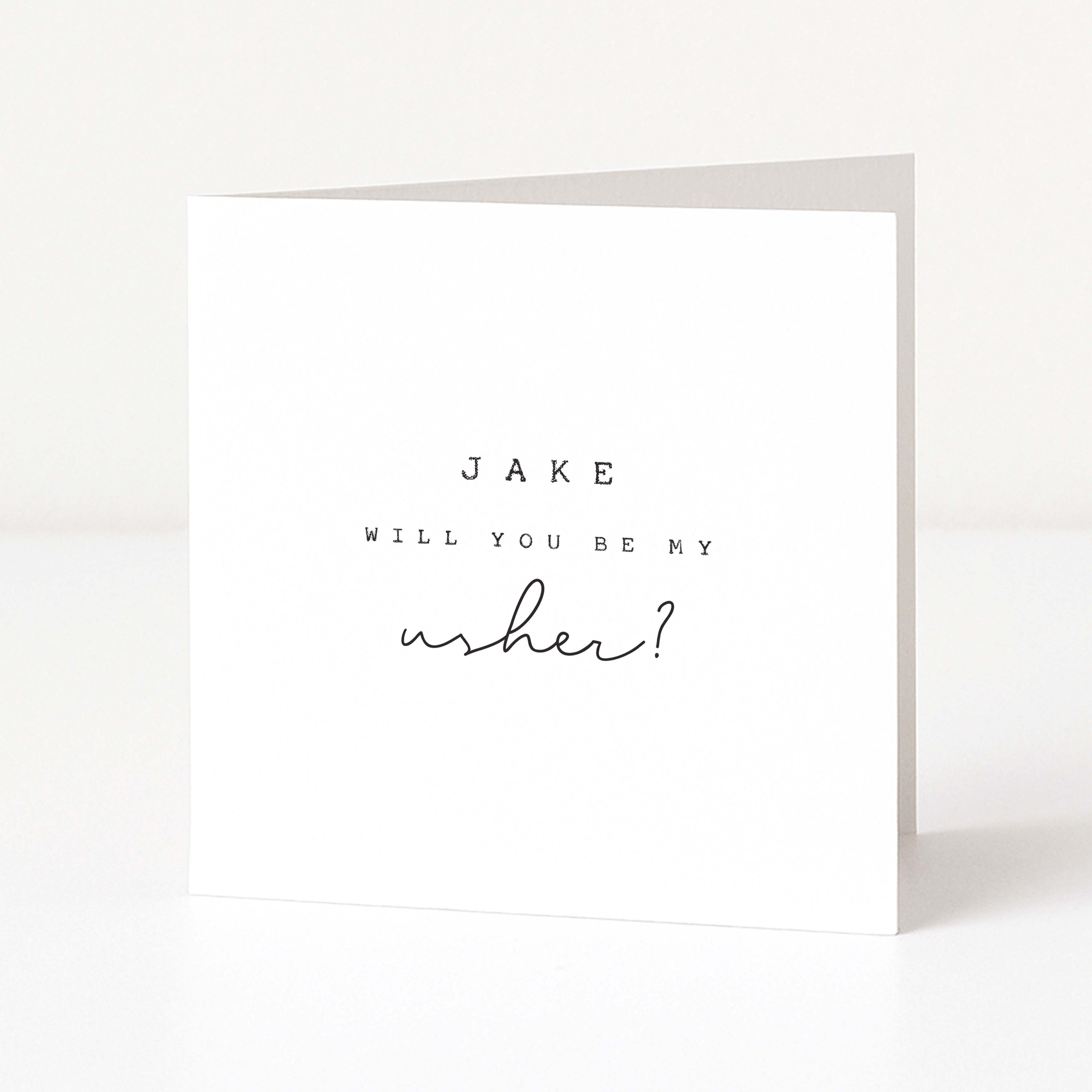 Greeting card with 'JAKE WILL YOU BE MY Usher?' text on a white background