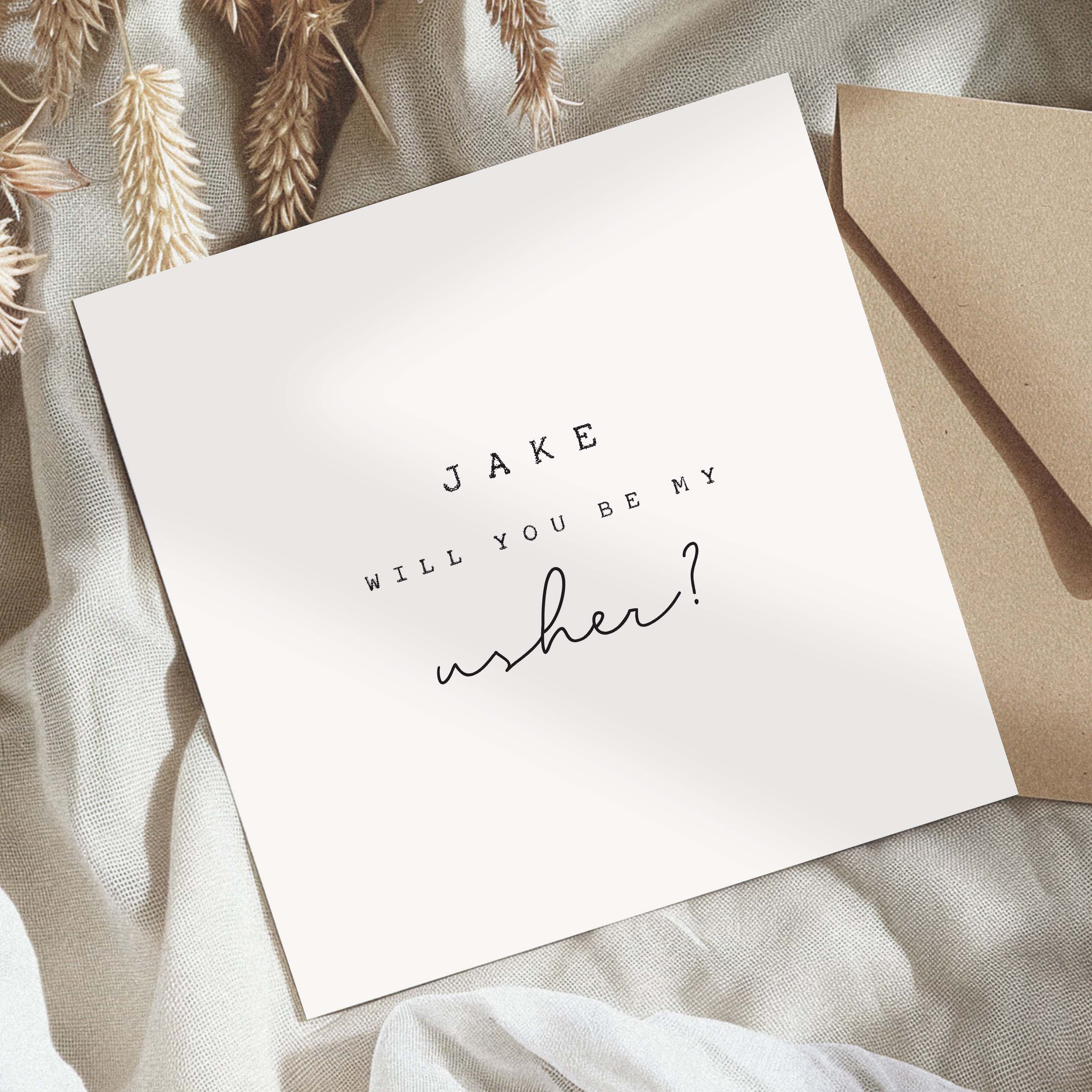 Greeting card with 'Will you be my usher?' text on a neutral background