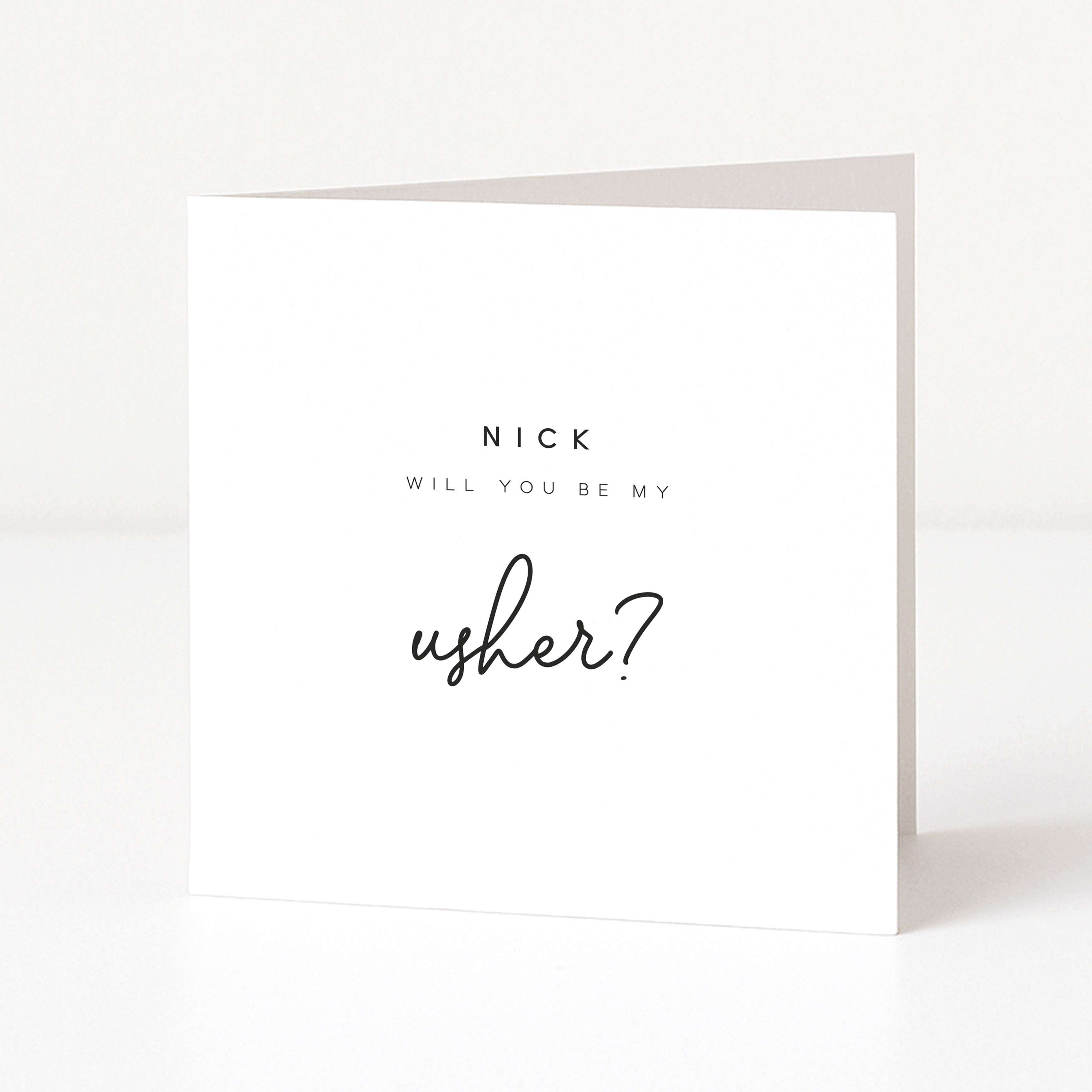 Greeting card with 'NICK WILL YOU BE MY Usher?' text on a white background